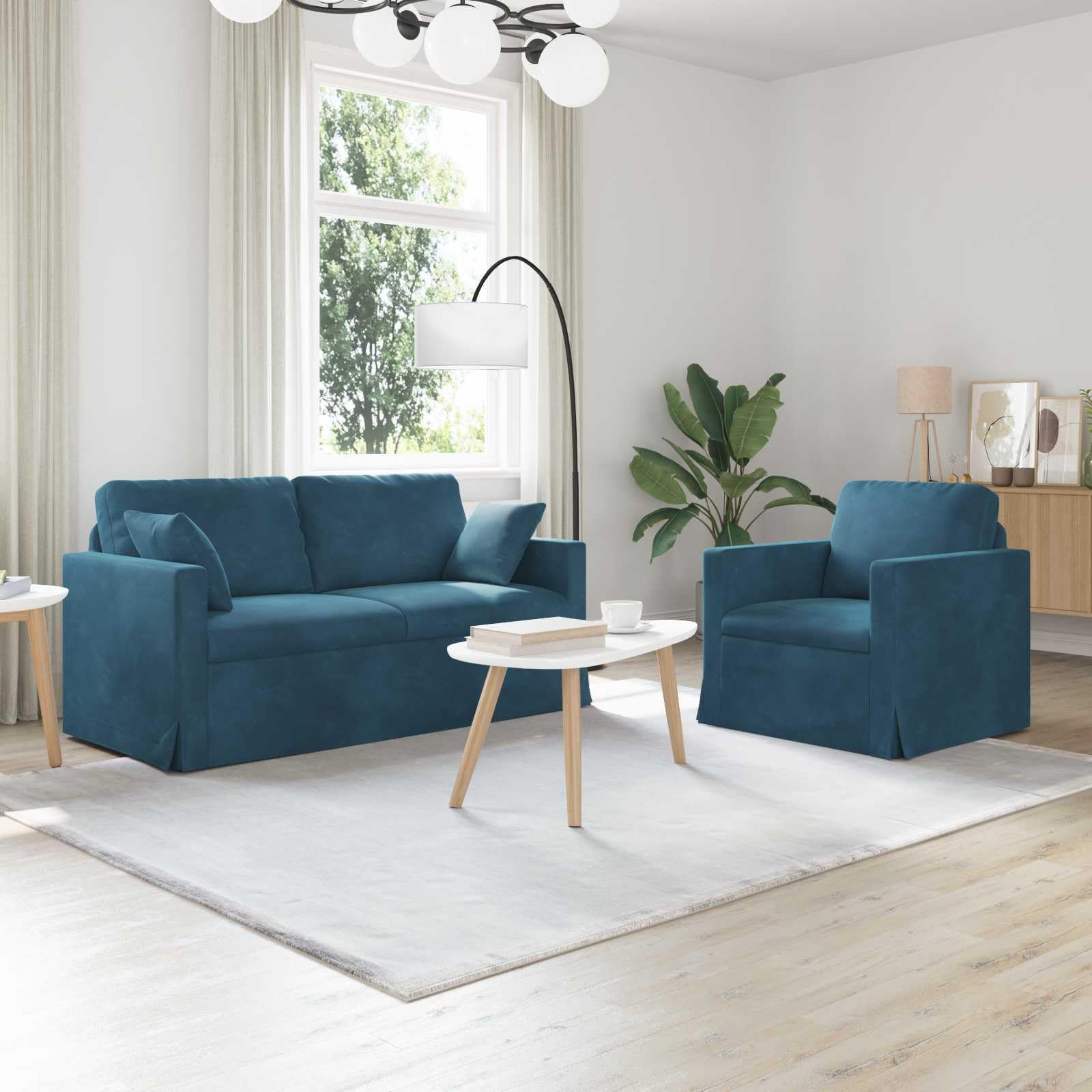 Juego de 2 sofás modulares azules 158x78x80cm tela de terciopelo paisaje residencial con marco de metal para ambientes modernos, asiento cómodo y estética elegante