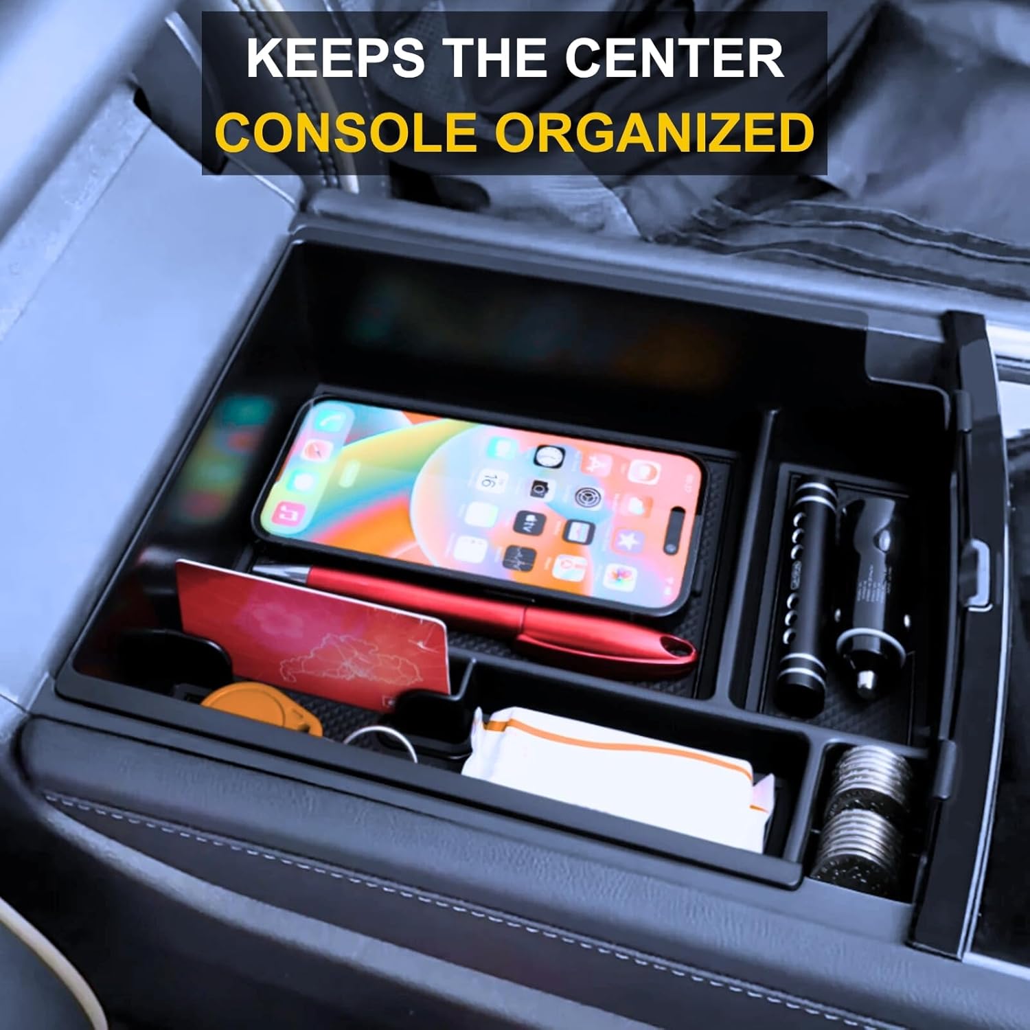 Center Console Organizer Tray for 2026 2025 2024 Chevy Traverse/GMC Acadia/Buick Enclave Interior Accessories - Middle Center Console Armrest Storage Coin Box - ABS Plastic, Black