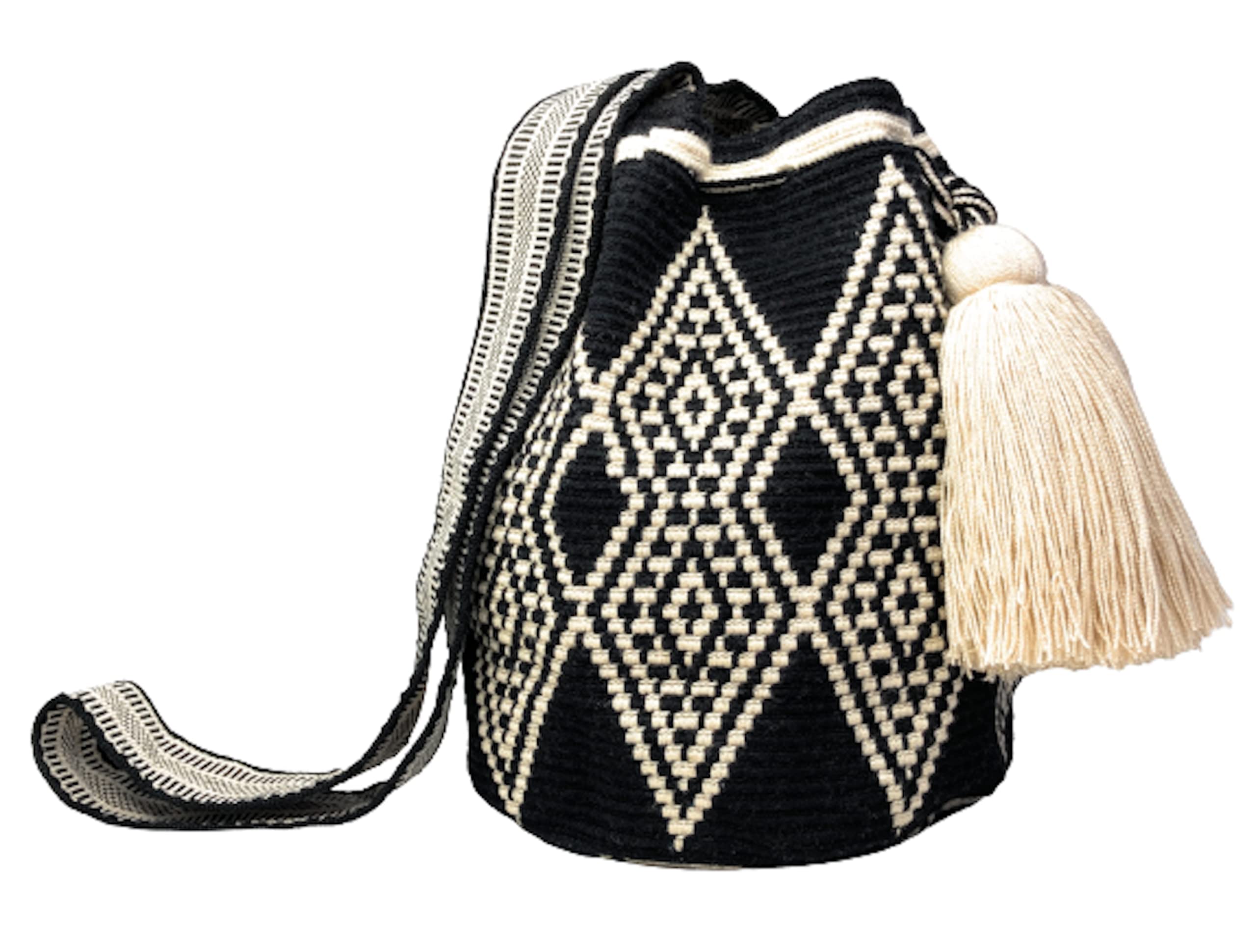 Wayuu Mochila Bag For Women, Colombian boho bags, Handmade With Big Nice-Looking Tassels (Black With Diamonds - Medium)