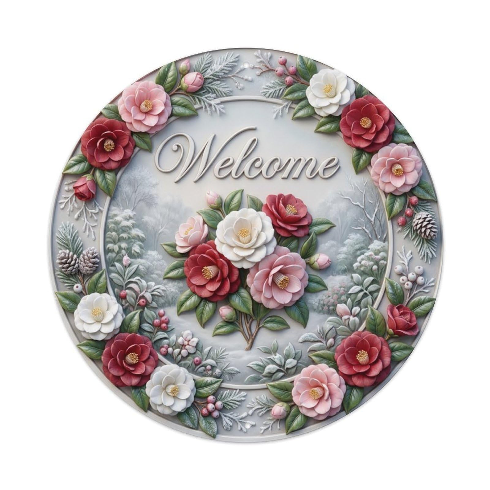 Tgrcjimh Style Metal Tin Sign Camellia Bloom Welcome Winter Garden