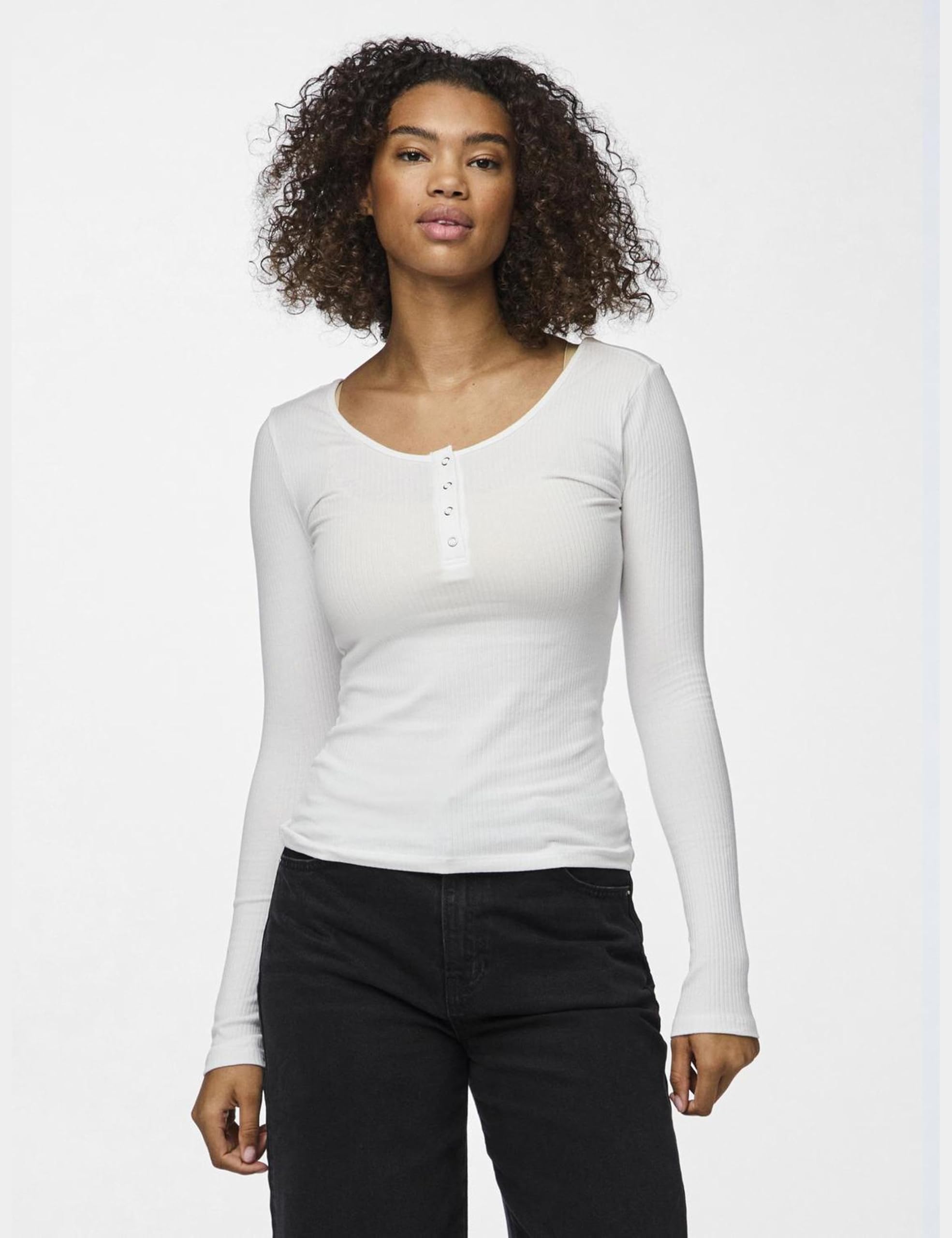 PIECES Kitte Long Sleeve Ribbed Top, Bright White, XL