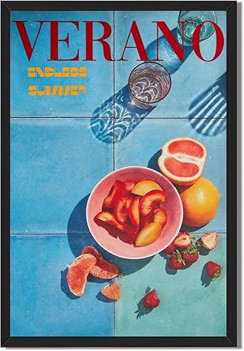 Ripiyome Pósteres minimalistas azules retro de los años 70, arte de pared de frutas naranjas de verano, decoración de pared de moda, decoración de