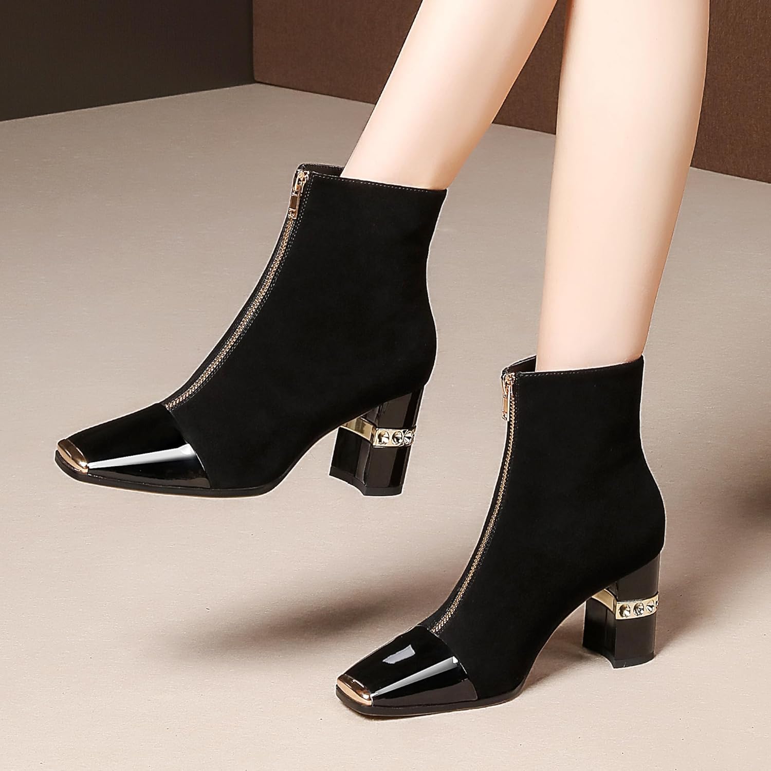 XINIUNIU Women's Ankle Boots Block Chunky Heels Booties Metal Square Toe Suede Front Zipper 3 Inch Short Boot Dress - Image 3