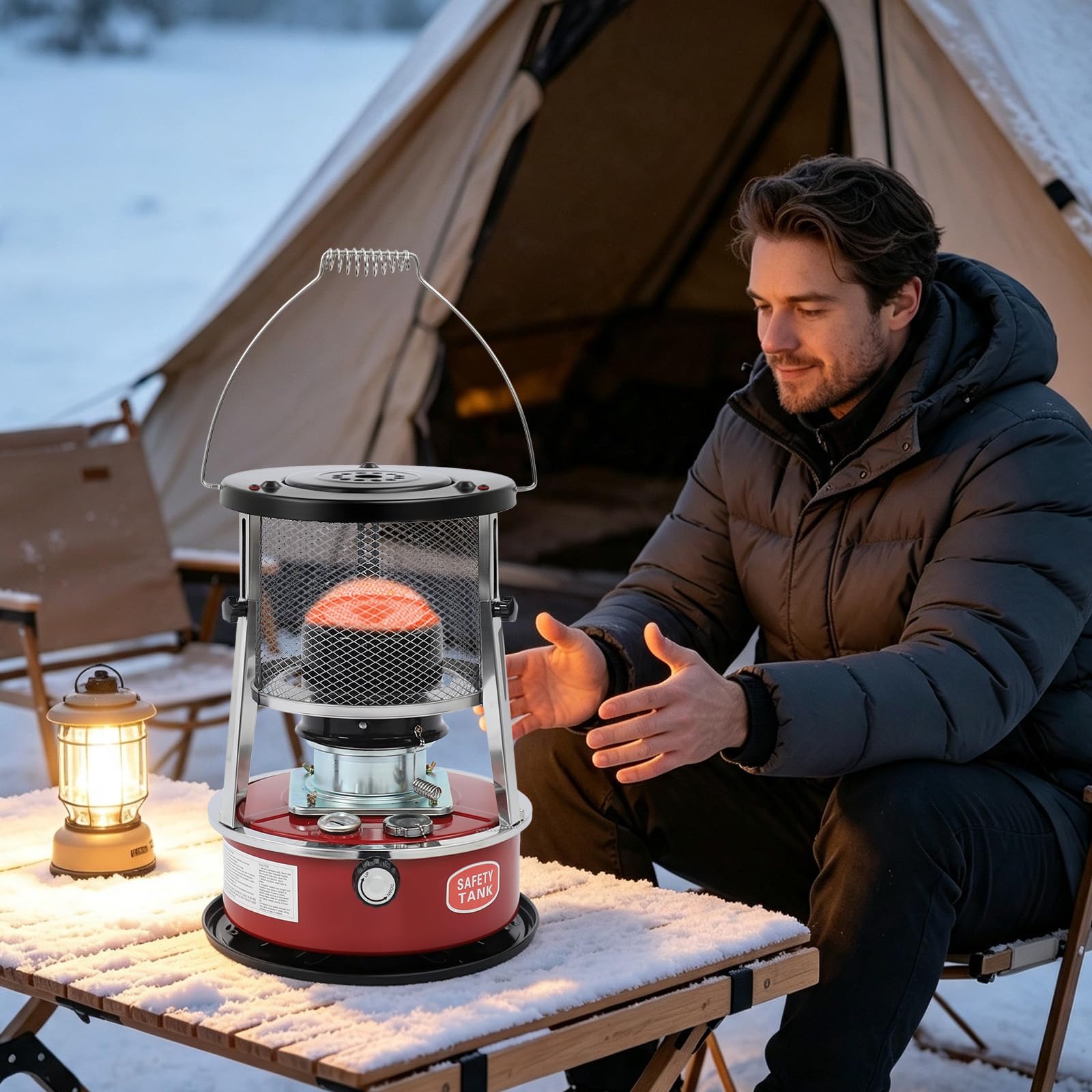 Petroleumheizer 8000 BTU,Tragbarer Heizstrahler für Draußen Camping, Garage | Angeln & Garten – Bis zu 18h Heizdauer, Höhenverstellbar, Ohne Strom - 5,2L Tank, Rot