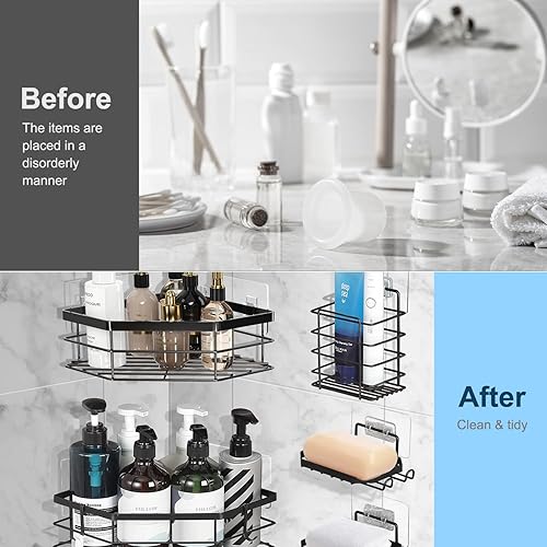 Miniatura 2 de Black Shower Caddy - Juego de 5 estantes de ducha adhesivos con soportes para jabón y cepillos de dientes, organizador de almacenamiento de baño de