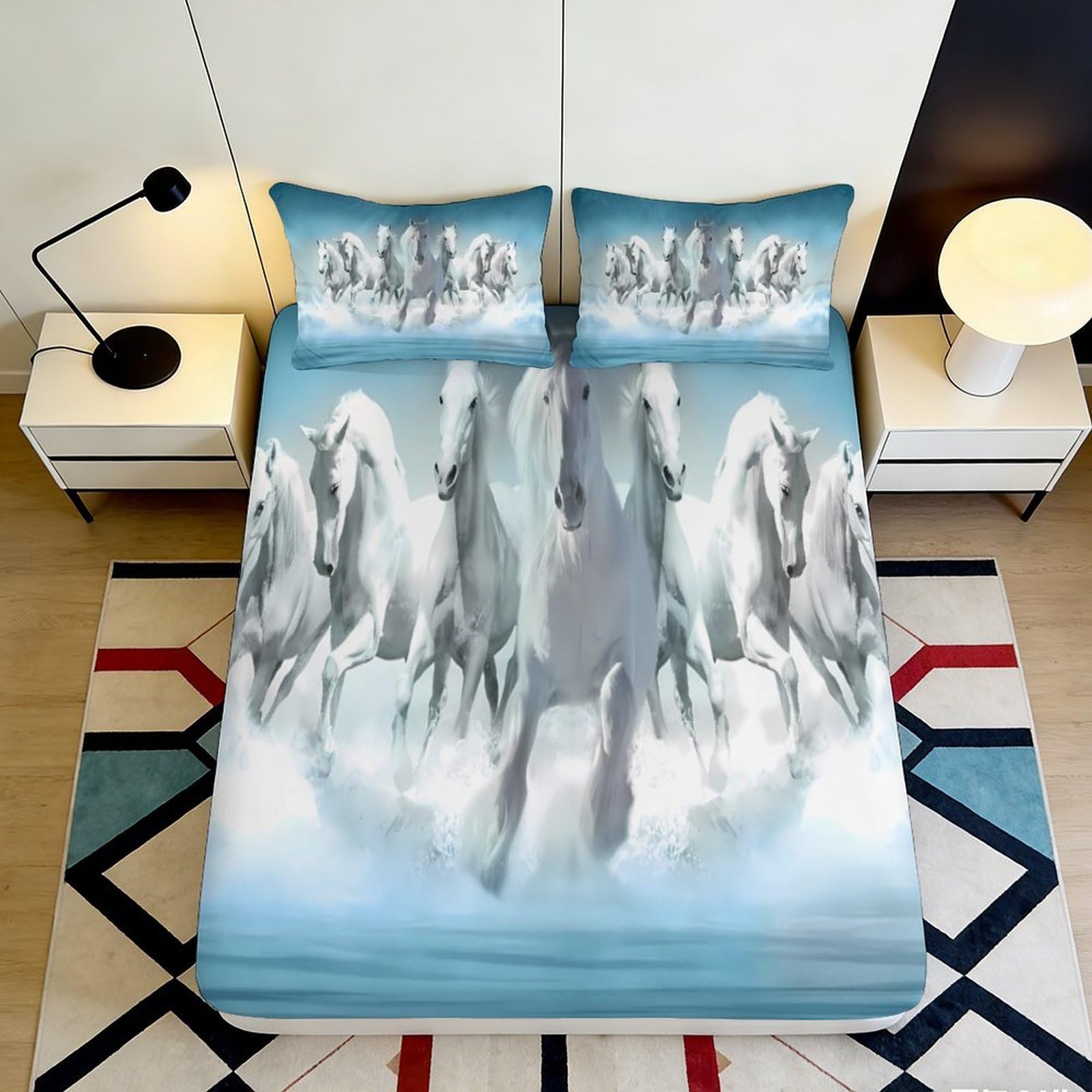 3D Printed Horse Fitted Sheet Microfiber Deep Pocket Bedroom Bedding Horse Mattress Fitted Cover Non-Slip Washable 200x200x25cm