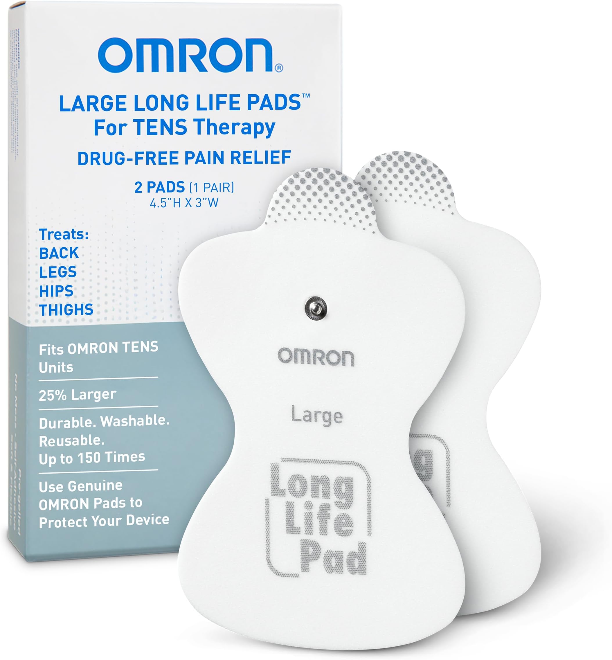 Long Life Pads for TENS Unit Muscle Stimulator - Large - Drug-Free Pain Relief - Includes 2 Reusable TENS Unit Pads - Durable, Reusable & Washable