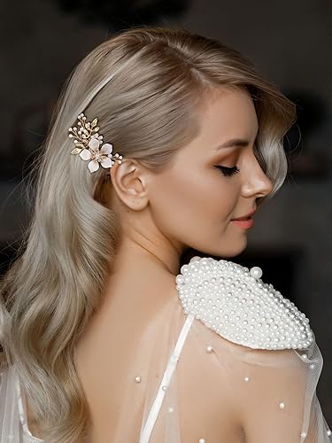 Miniatura 2 de SWEETV Pinza de pelo de novia dorada, peine de pelo floral nupcial pasador flor piezas de pelo para novias boda