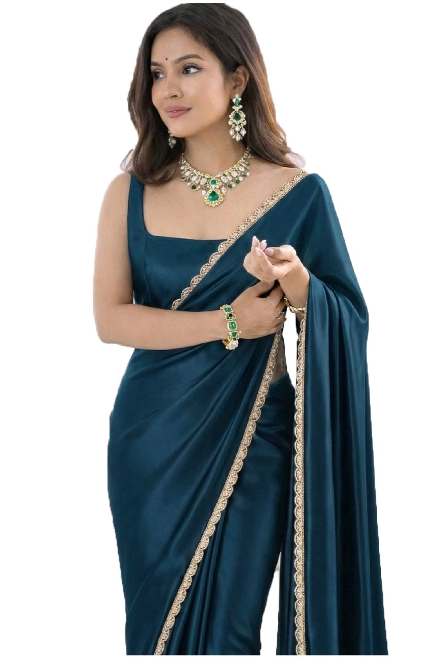 Women's Ready To Wear Teal Blue Satin Silk One Minute Readymade Stitched Saree Scalloped Border With Unstitched Blouse-image-24
