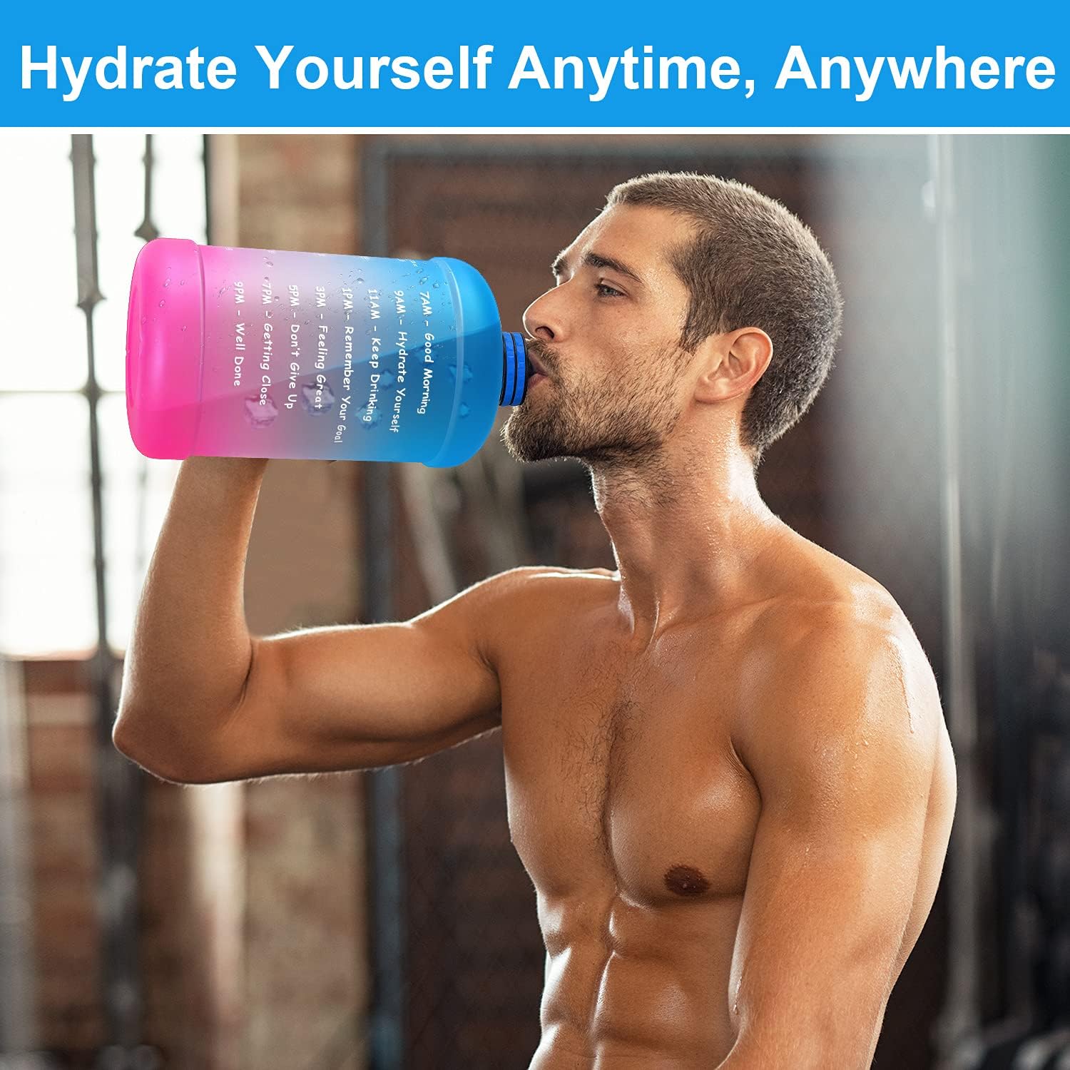 Favofit Gallon Water Bottle with Time Marker, 128oz Extra Large Motivational Water Bottle with Straw, BPA-Free Plastic, Reusable, Easy Sipping for Outdoor Sports/Fitness/Gym, Blue/Pink Gradient