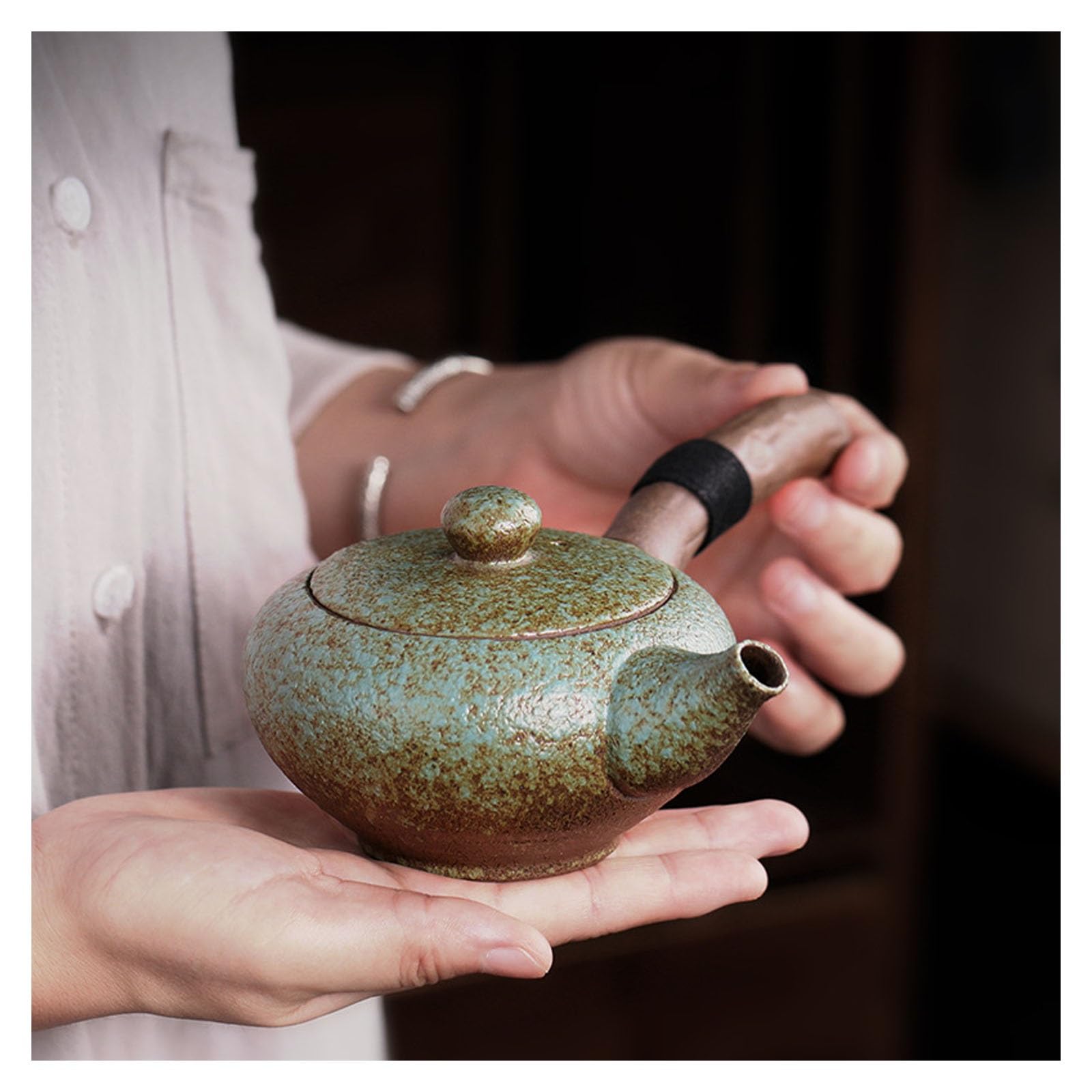 Théière japonaise en céramique, service à thé Kung Fu en céramique avec poignée latérale, théière traditionnelle en porcelaine faite à la main, grande théière for thé en vrac, infuseur à thé(Green)