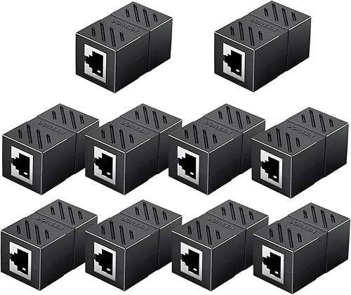 UGREEN Conector extensor Ethernet RJ45, paquete de 10 acopladores en línea Cat7 Cat6 Cat5e, adaptador de cable Ethernet hembra a hembra, negro