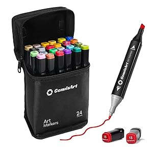 GenuisArt Alcohol Markers, 24 Colors Chisel & Fine Dual Tips,Paint Markers For Coloring, Drawing, Sketching, Card Making and DIY Patinting- Perfect for Adults and Kids (Black Barrel, 24)