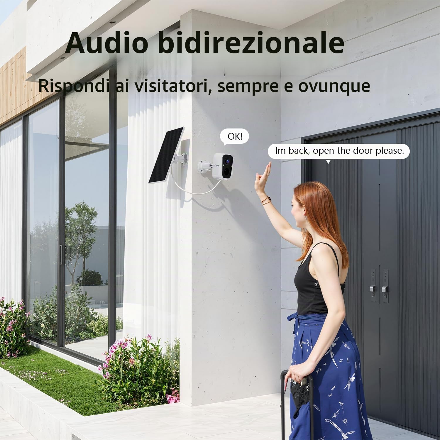 REIGY 4MP Telecamera WIFI Interno/Esterno Batteria Senza FIli, Videocamera Sorveglianza con Pannello Solare, Rilevazione di Movimento PIR, Audio a 2 Vie, IP65, Supporto 2,4GHz/5GHz