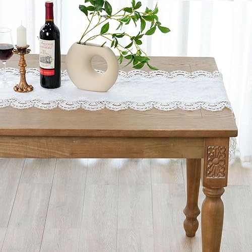 Miniatura 9 de OOKSEN Camino de mesa blanco, camino de mesa auxiliar de encaje floral, camino de macramé para fiesta, tocador de mesa con tela blanca para verano,