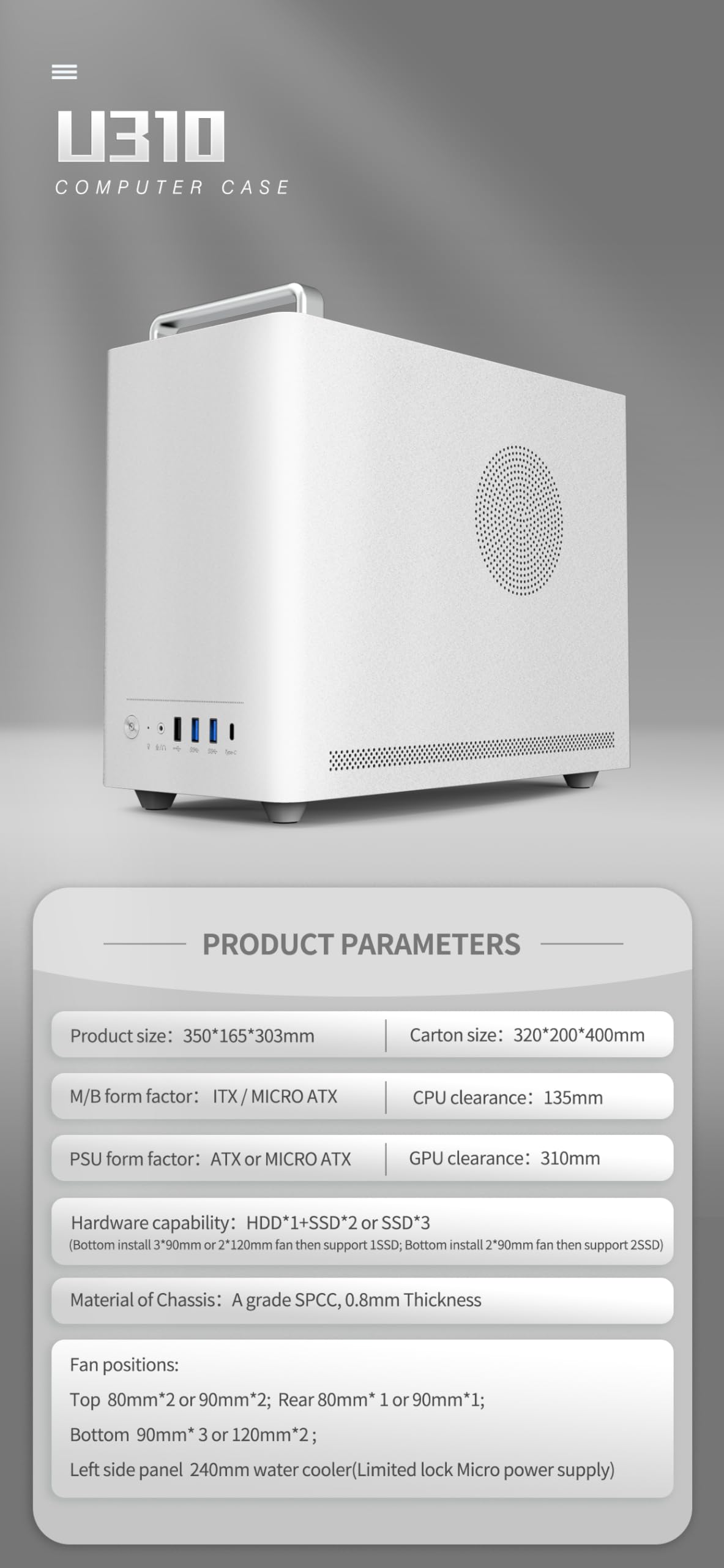 U310 M-ATX/ITX, custodia Micro ATX, custodia portatile da scrivania con finestra laterale in vetro trasparente, supporto GPU da 310 mm, raffreddamento CPU da 135 mm e alimentatore ATX/SFX (nero)