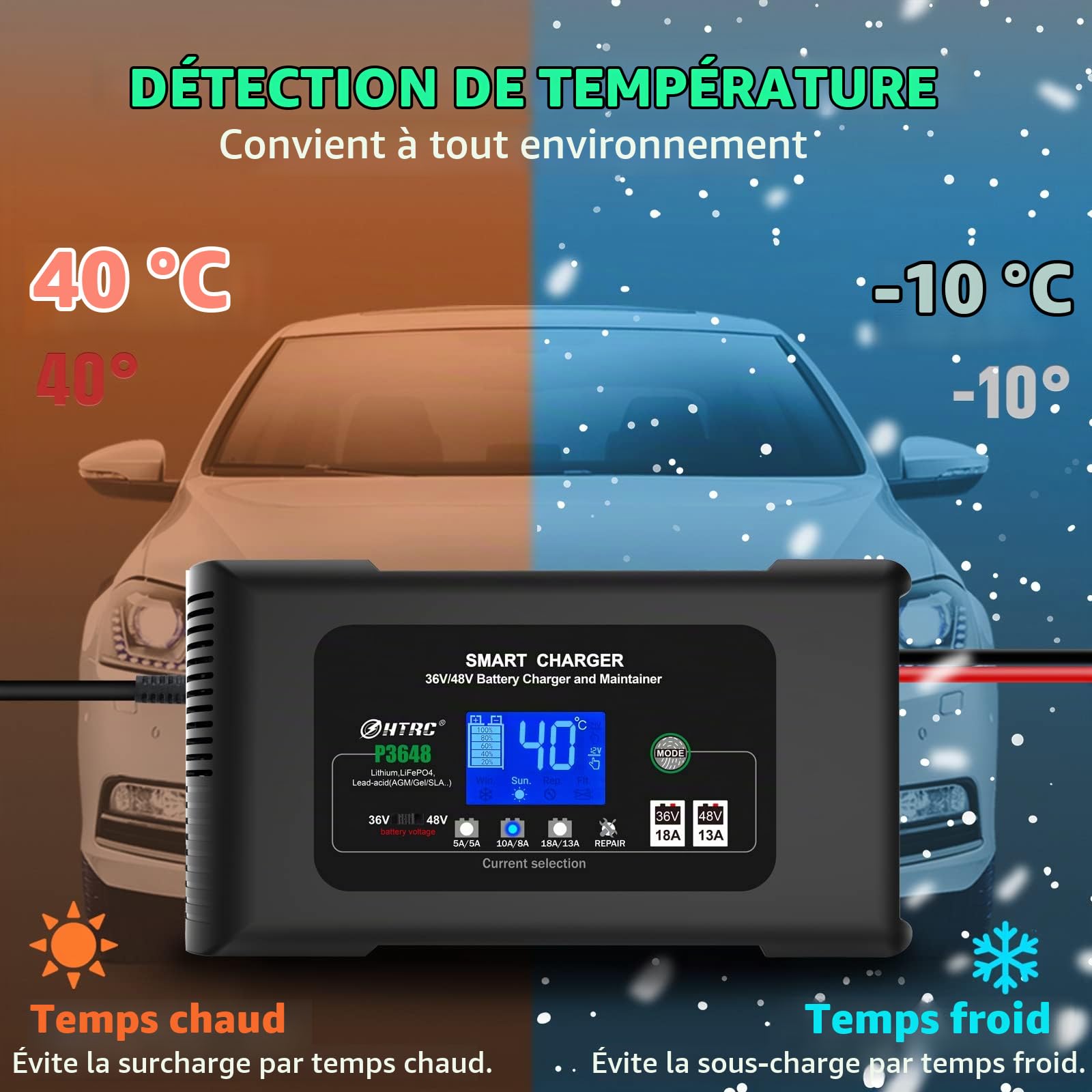 SolaMr Chargeur de Voiture 36V 18A / 48V 13A avec Chargeur de Goutte à Goutte de Niveau 9 Chargeur de Voiture Intelligent pour Camion, Moto et Batterie au Plomb - P3648