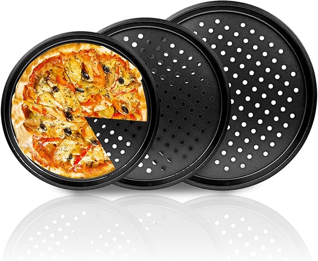 VINILITE Non-Stick Pizza Trays 3Pcs, Round Pizza Pans with Holes for Oven, Carbon Steel Perforated Pizza Baking Set, Dishwasher Safe, 9" 10" 12"
