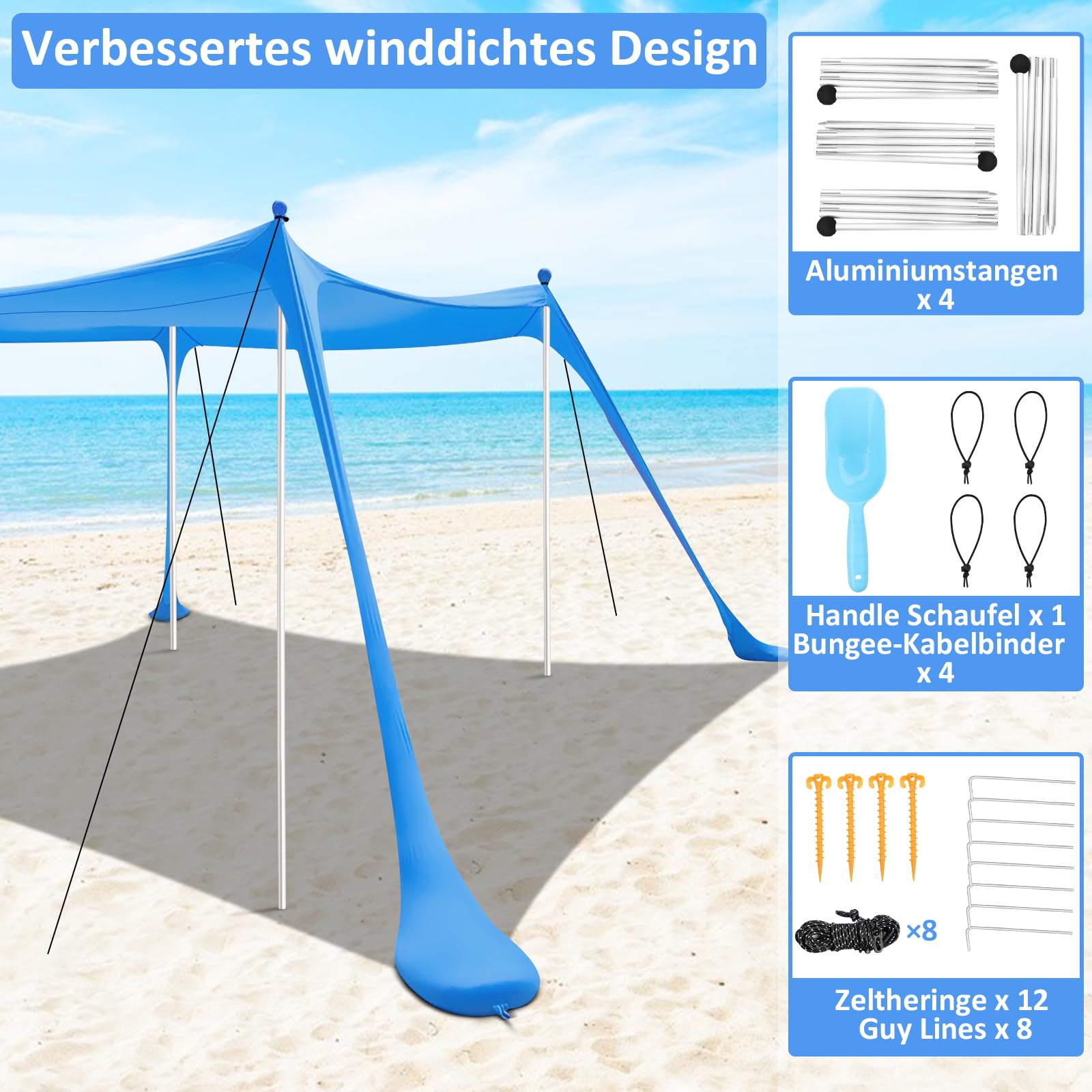 Riggo Namiot plażowy, żagiel przeciwsłoneczny, 3x3 m, LSF 50+, ochrona przed wiatrem i słońcem, z łopatką do piasku, śledziami i drążkami stabilnymi, do wędkowania, kemping
