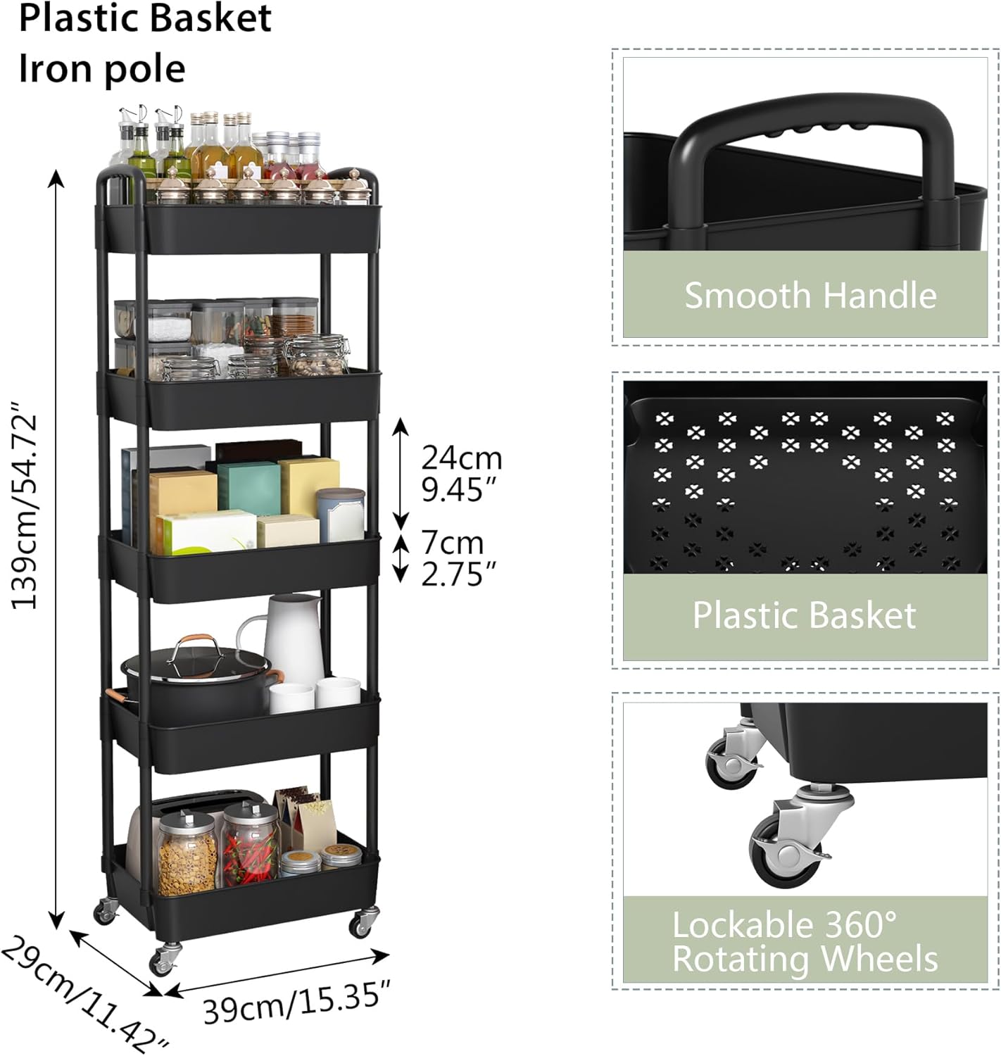 Sywhitta 5-Tier Plastic Rolling Utility Cart with Handle, Multi-Functional Storage Trolley for Office, Living Room, Kitchen, Movable Storage Organizer with Wheels, Black