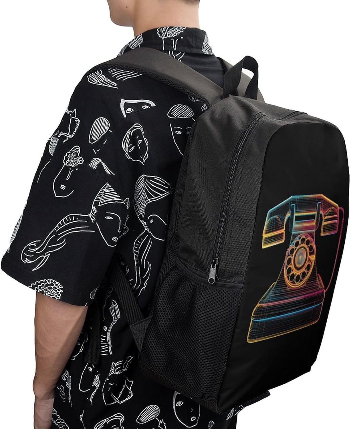 Neon Outlines Vintage Telephone Travel Backpack 17 Inch Casual Daypack Bag with Adjustable Shoulder Straps
