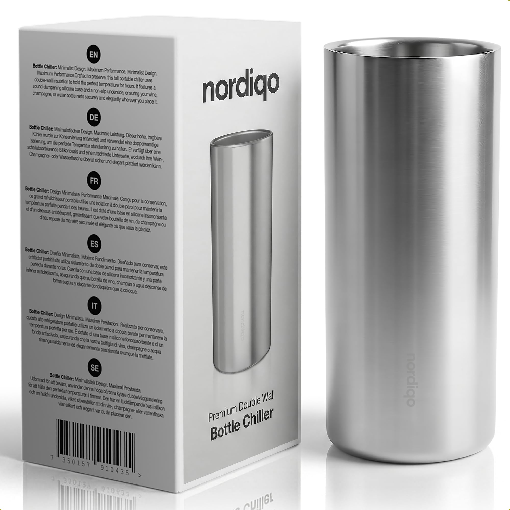Nordiqo Vacuum-Insulated Stainless Steel Wine Chiller | Extra Tall & Slim 9.5" Bottle Cooler | Fingerprint-Resistant | Non-slip and Scratch-Free Base