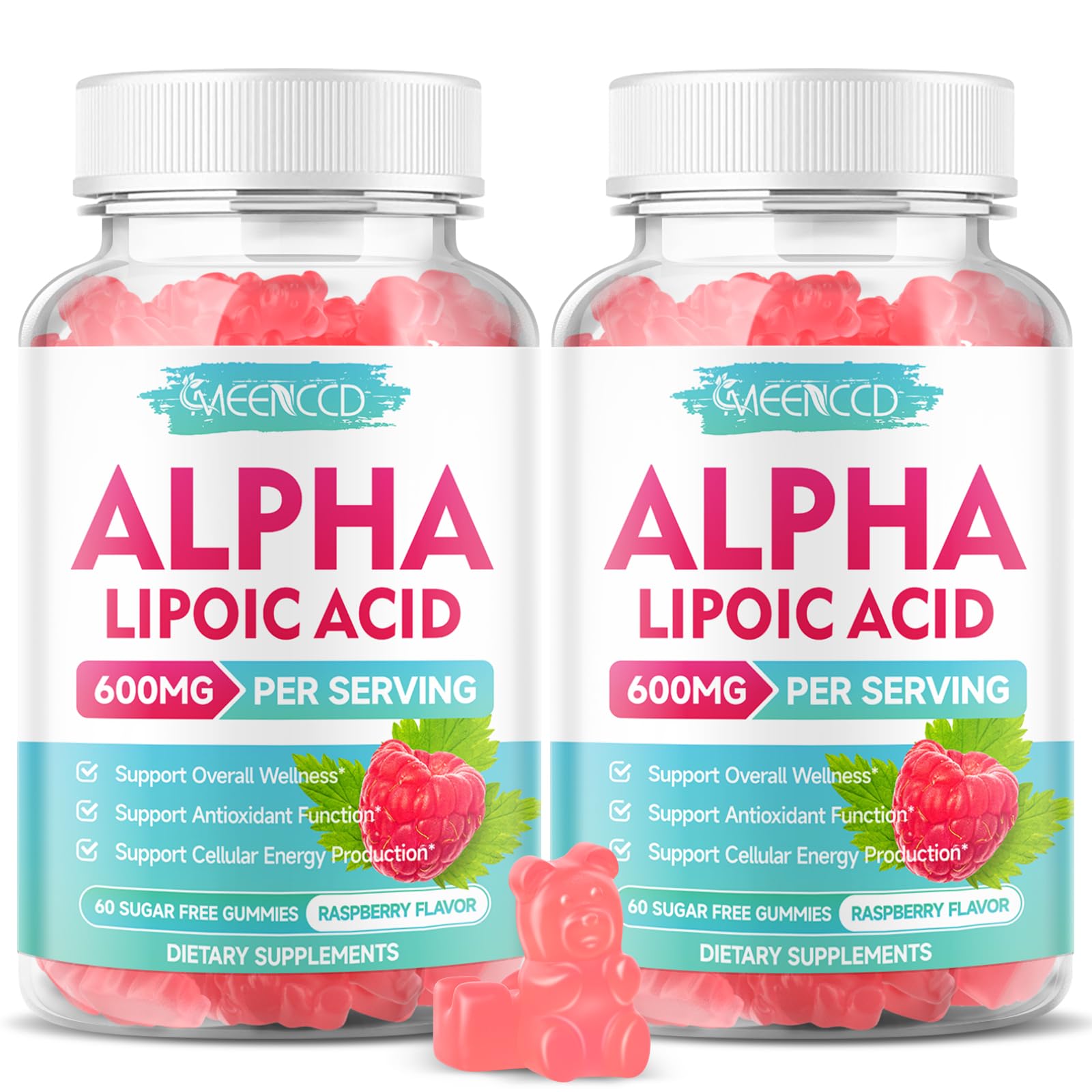 MEENCCD 2 Pack Alpha Lipoic Acid Gummies 600mg - ALA Supplement for Antioxidant Support, Vegan, Sugar-Free, Raspberry Flavor, 120 Count 60 Count (Pack of 2)