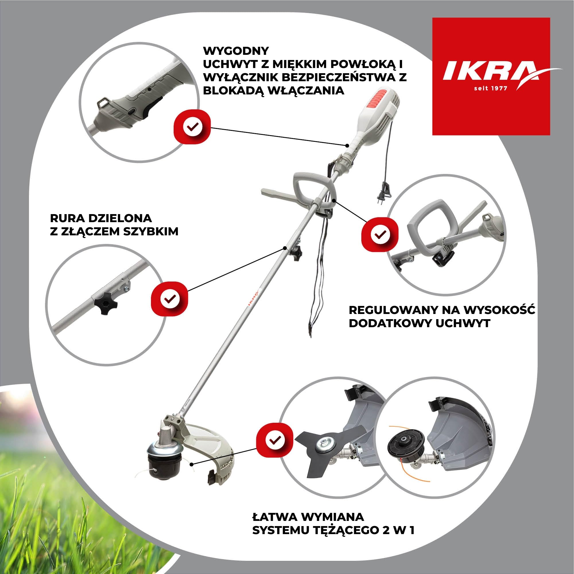 IKRA Kosa elektryczna IES 1000 C,2 szpule żyłkowe,trójząb,okulary,pasek | Średnica koszenia do 37 cm,moc 1000 W,precyzyjne i bezwysiłkowe koszenie trawy i pokrzyw w trudno dostępnych miejscach