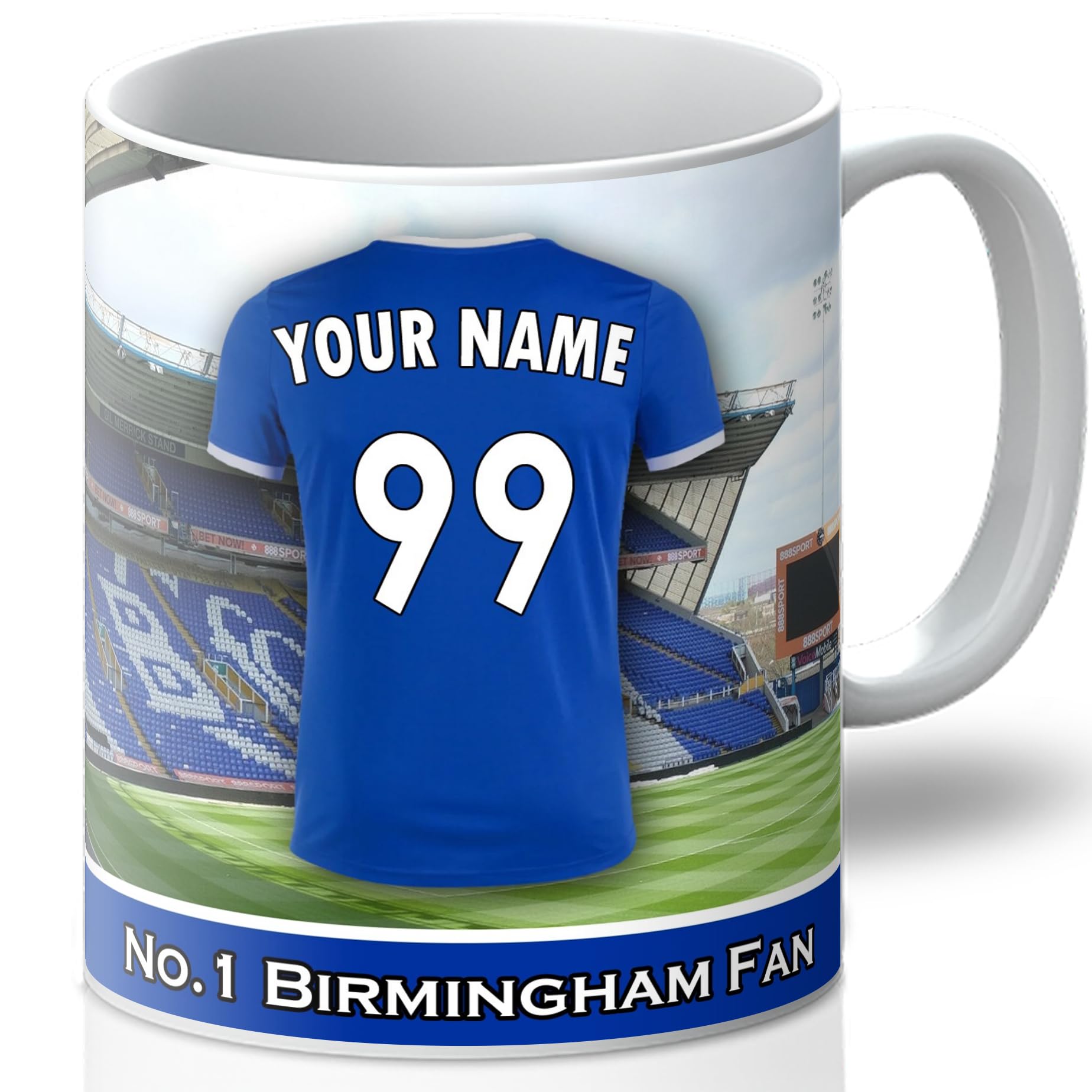 Personalised Birmingham City Mug - Customise with A Name and Number for The Shirt and A Message On The Back of The Cup