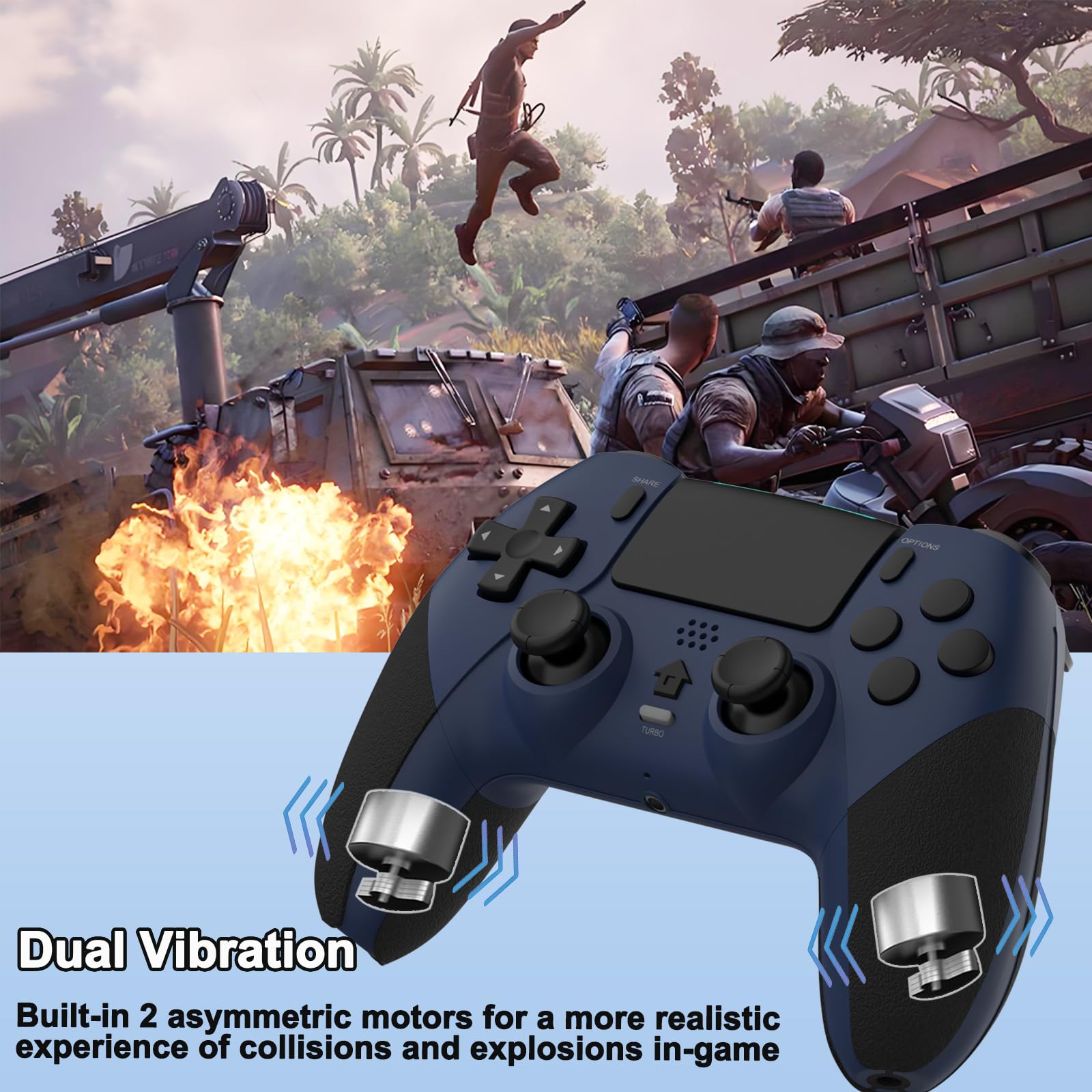 REKBOO Manette sans fil Compatible pour PS4, Contrôleur pour PS4 avec Audio Microphone Jack, Manette P4 dual Vibration avec Gyroscope à Six Axes, Macro, Turbo, Ecran Tactile, 800mah Batterie（Bleu）