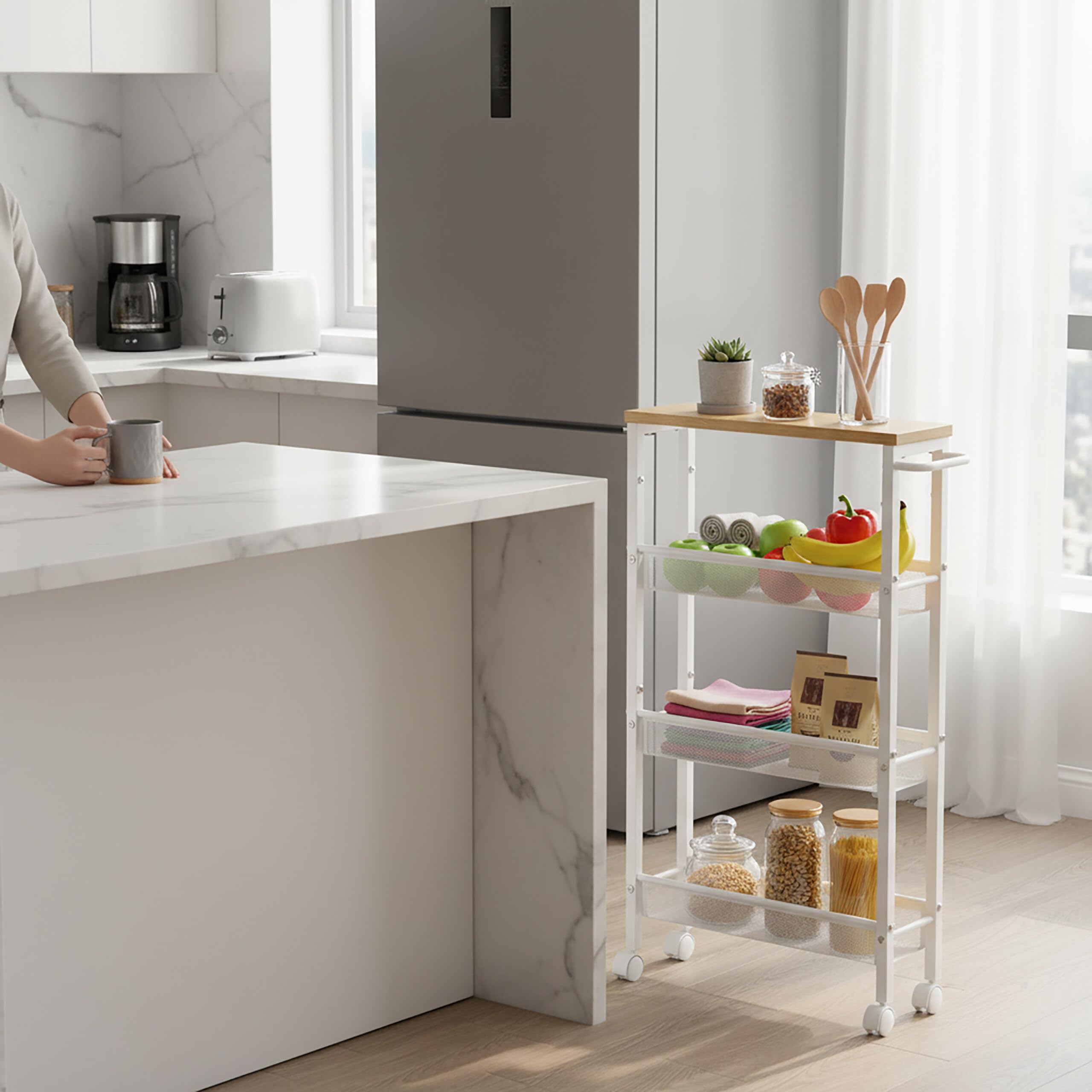 Relaxdays Estantería metálica con 4 Niveles, Ruedas, 77x13x45 cm, para baño y Cocina, Natural/Blanco