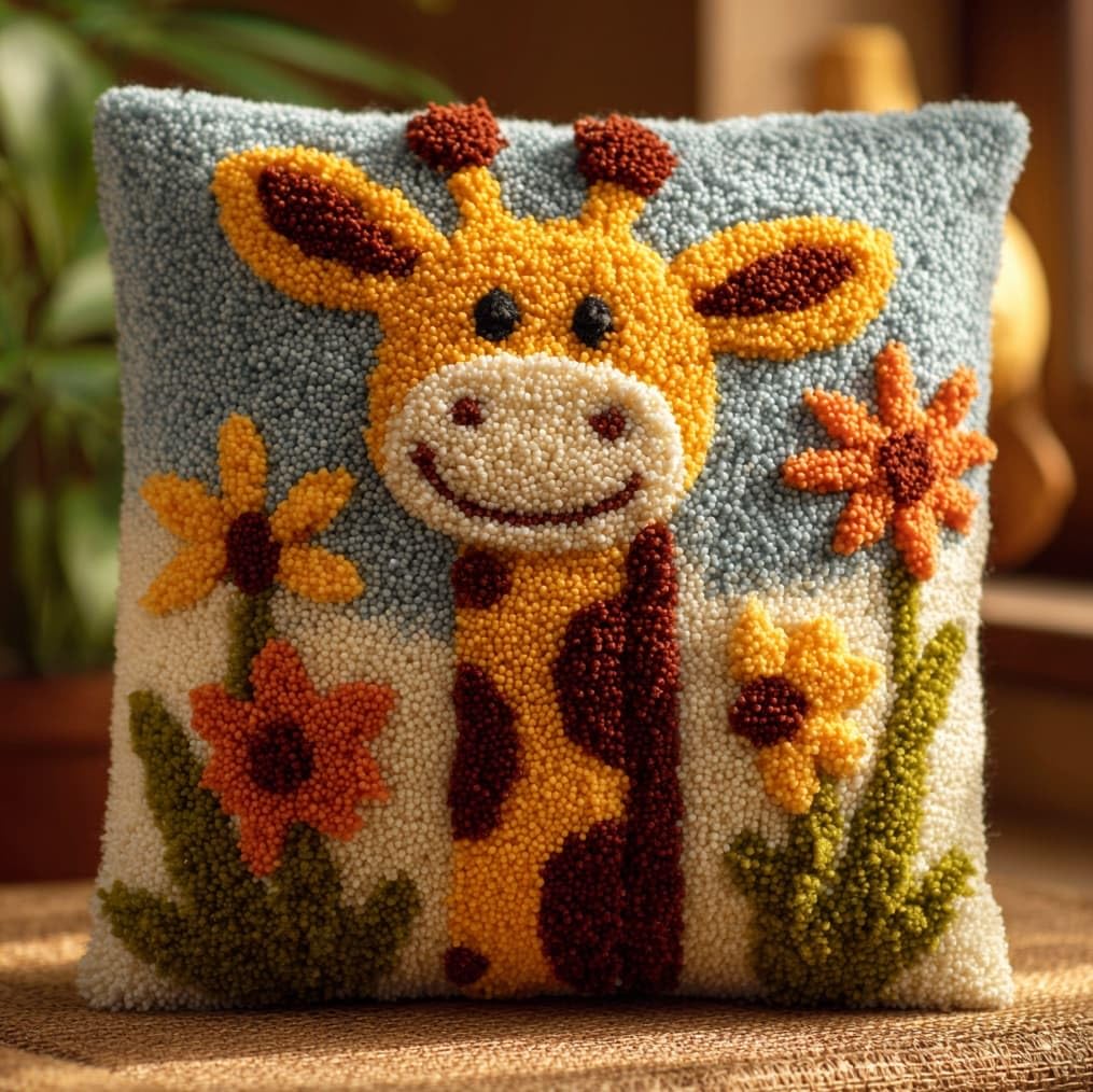AxiangziK Latch Hook Pillow Making Kit 43x43cm,Giraffe and Flowers