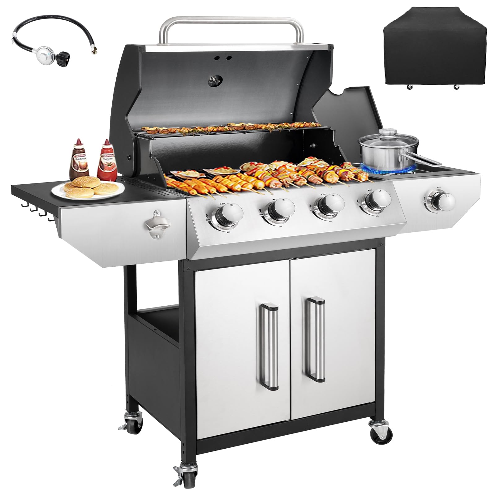 Electactic 4-Burner Gas Grill with Side Burner,Stainless Steel Propane Grill with Porcelain-Enameled Grills,Built-In Thermometer,42000BTU BBQ Grill for Outdoor Cooking and Patio Barbecues - view 2