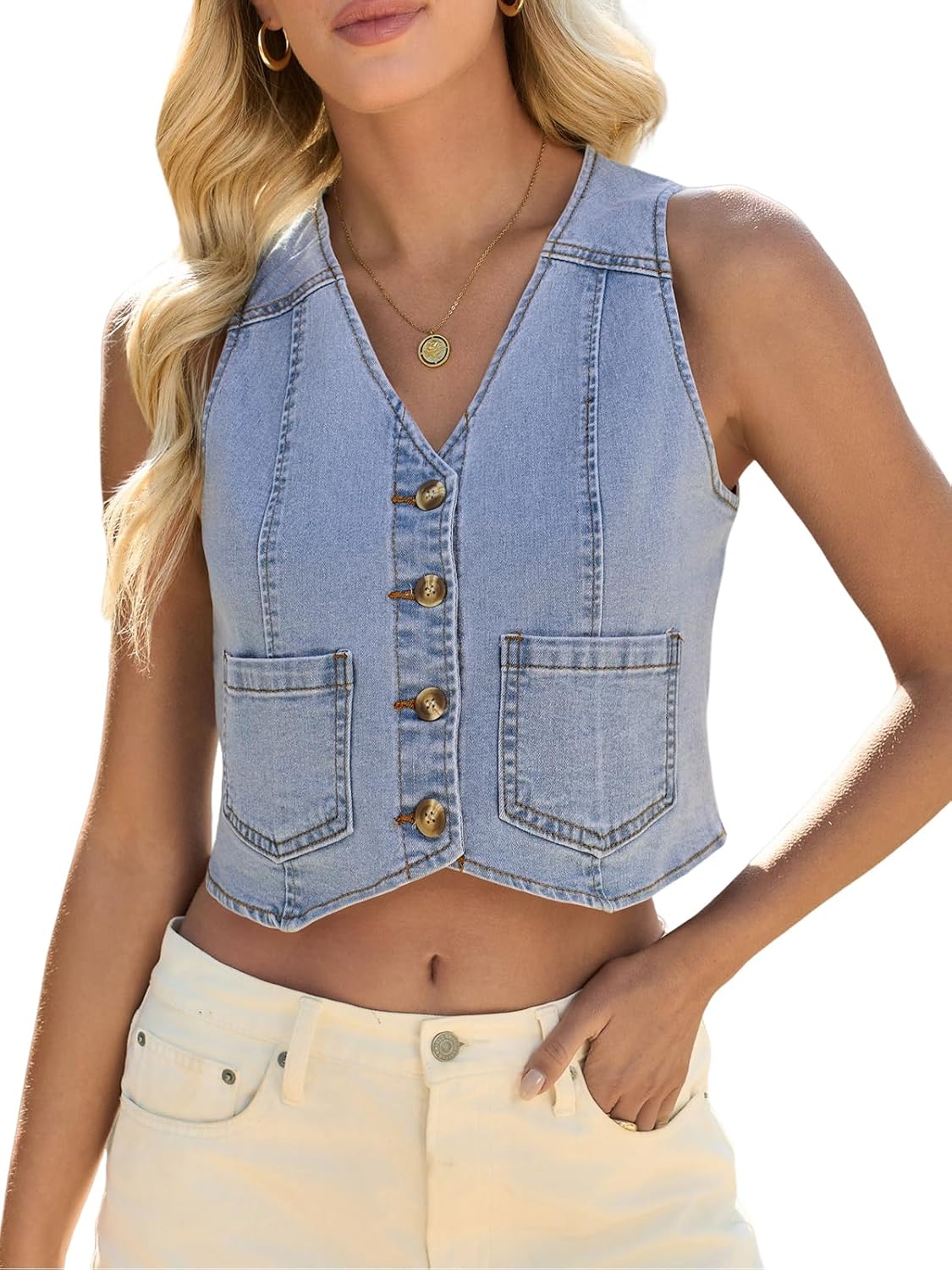 Yousify Women's Summer Tops Denim Vest Sleeveless V Neck Button Down Jean Y2k Crop Jacket With Pocket - Image 2
