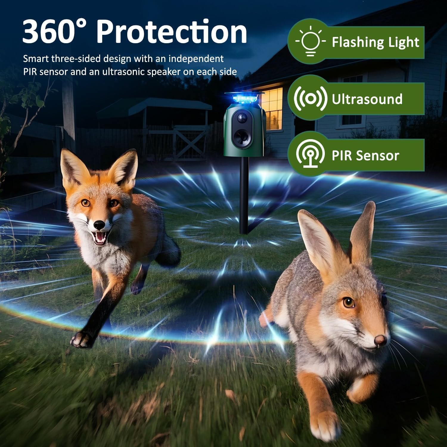Repelente Gatos Ultrasonido, VoltGuard 360° Ahuyentador Gatos 5 Modos con Sensor de Movimiento y Flash,Ahuyentador de Gatos para Pájaros,Perros,Zorros