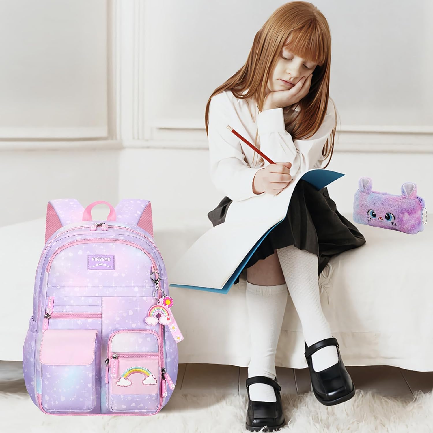 Rainbow Backpack For Girls Kids,Cute Student School Backpack With Pen Bag,Aesthetic Starry Rainbow Laptop Travel Bag Medium Purple image 9 of 9 B0C1X14BVD