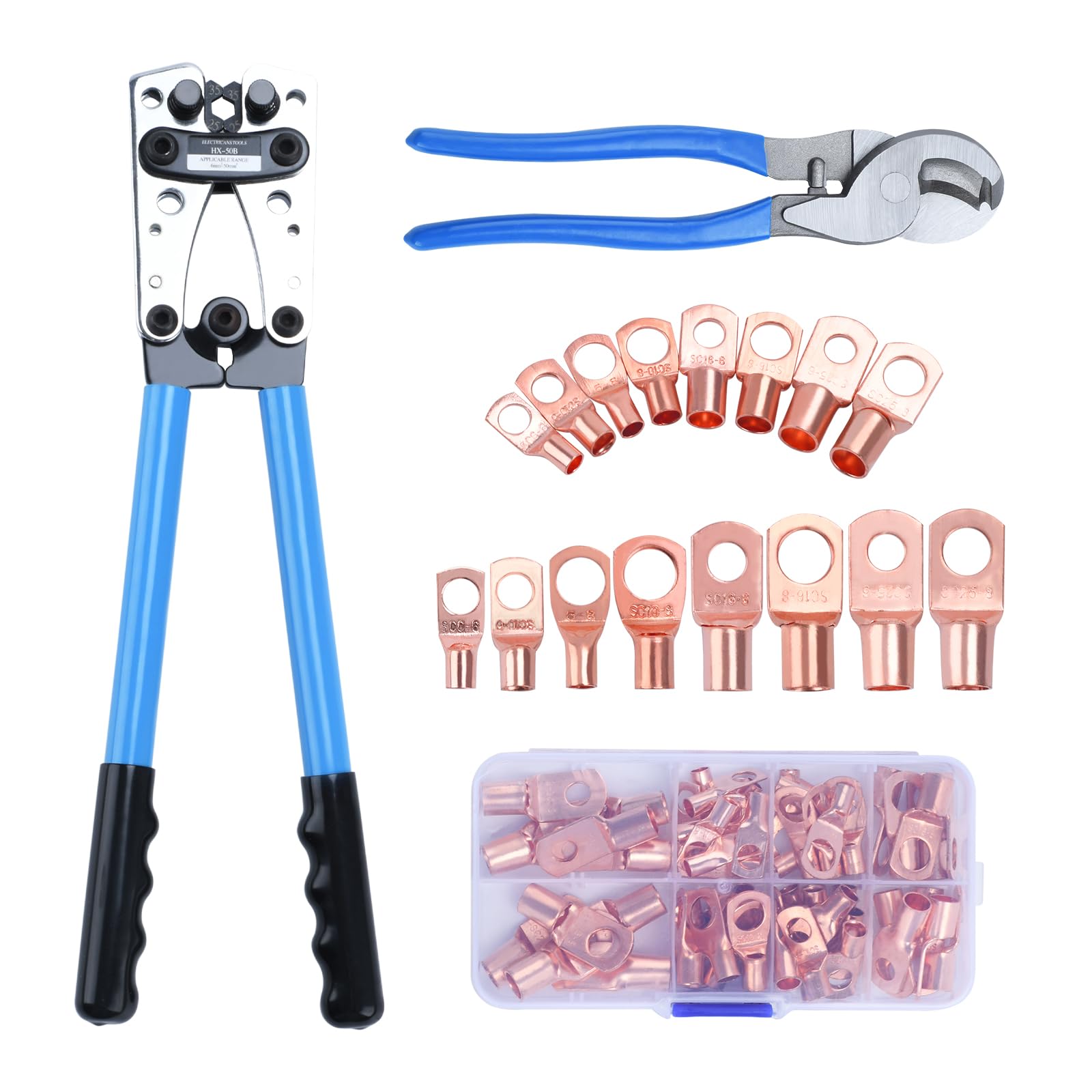 Battery Cable Lug Crimping Tool, heavy-duty wire crimper with Cable Cutter and 60Pcs Copper Ring Terminals for AWG 10-1/0 Electrical Lug(Rose Gold)
