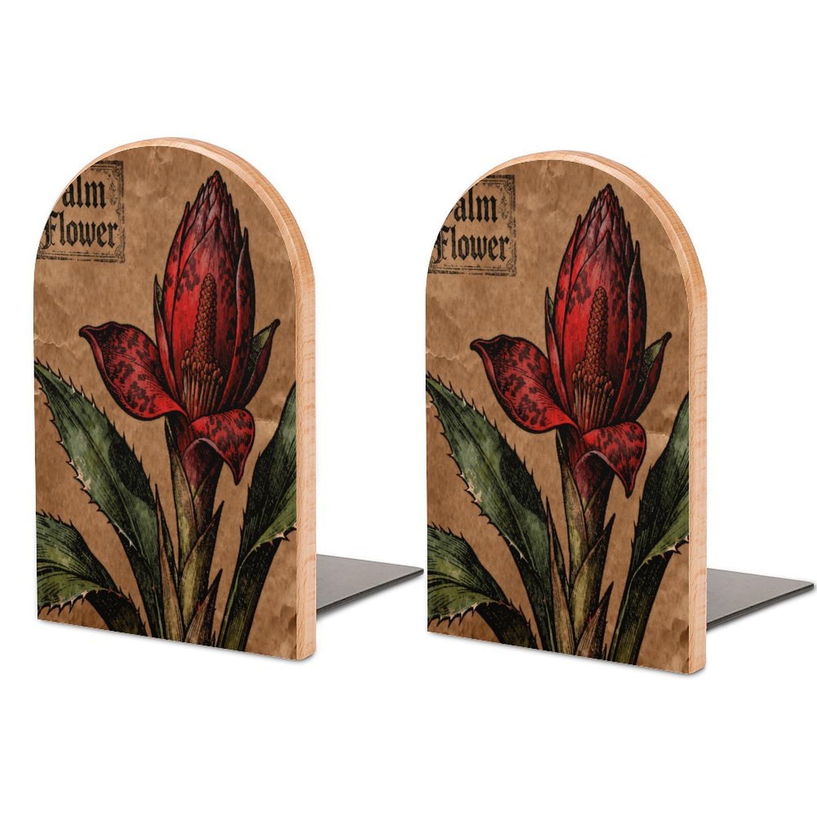 Palm Flower Book Ends Wood Non-Skid Bookend for Shelves Heavy Duty Bookends with Metal Base Decorative Books Stopper Desk Organizers Book Dividers for Office Home 1 Pair