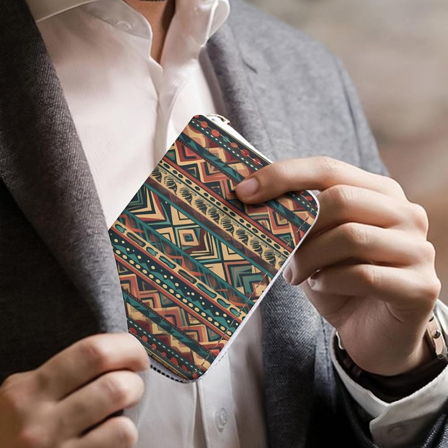 Leather Card Organizer Case Card Wallet Credit Card Holder Native American Printed Zipper Card Cases Holder for Women Men