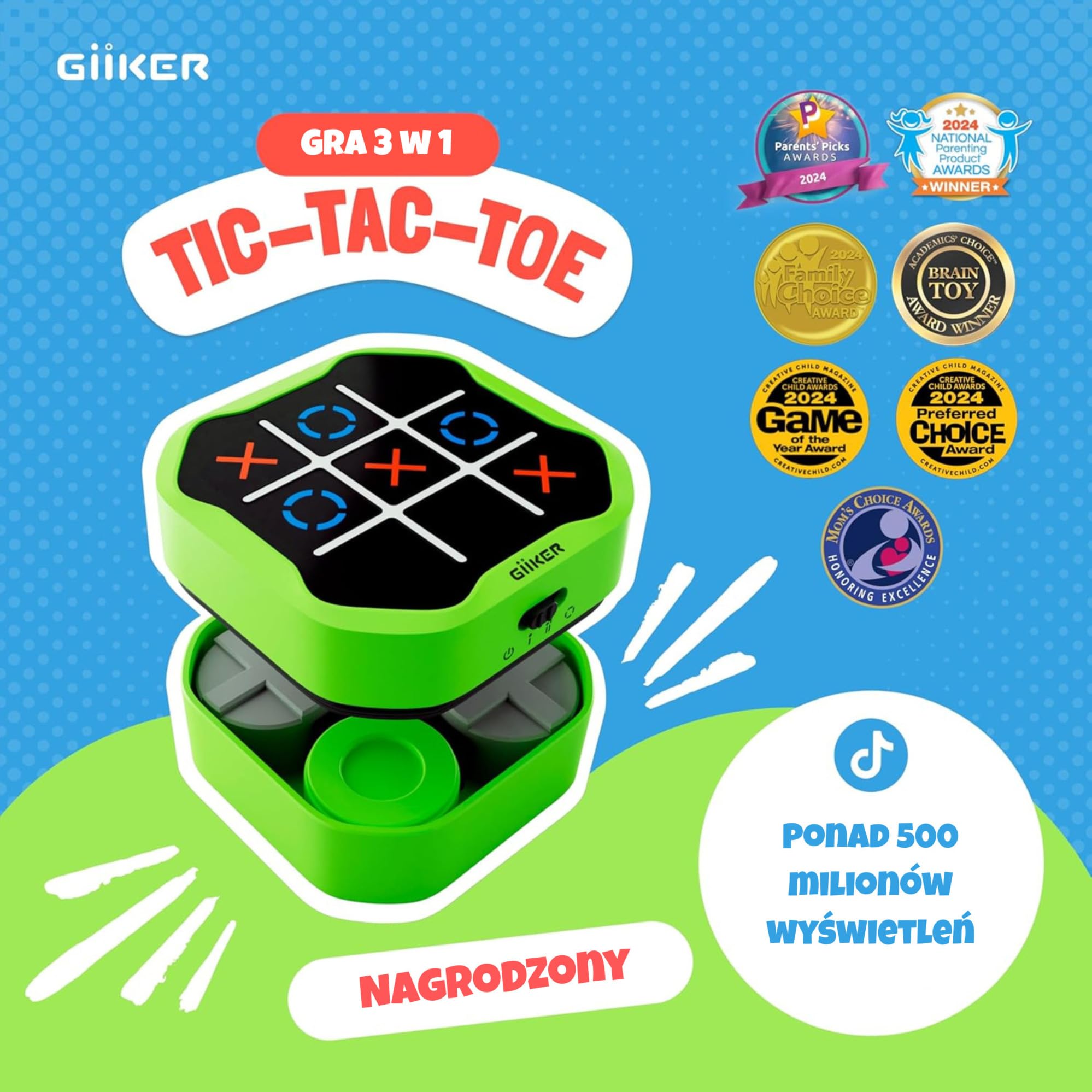 GiiKER Tic Tac Toe Bolt Game, przenośna konsola do gier logicznych 3 w 1, przenośne gry podróżne dla edukacji i rozwoju pamięci, prezenty urodzinowe dla wszystkich grup wiekowych (zielony)