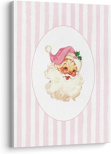 XWELLDAN 885 - Lienzo con marco de Navidad, diseño de Papá Noel, retro, color rosa, a rayas, decoración de pared para habitación, decoración de