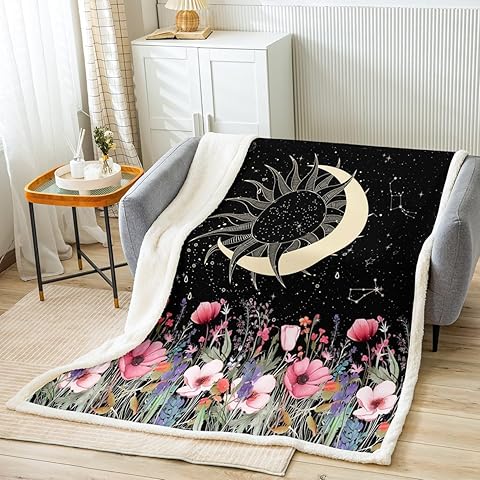 Feelyou Kids Sun Moon Fleece Throw Blanket Flower Sherpa Blanket for Boys Girls Teens Bedroom Decor Black Plush Blanket Women Men Galaxy Fuzzy Blanket for Sofa Bed Couch,Baby 30x40 Inches