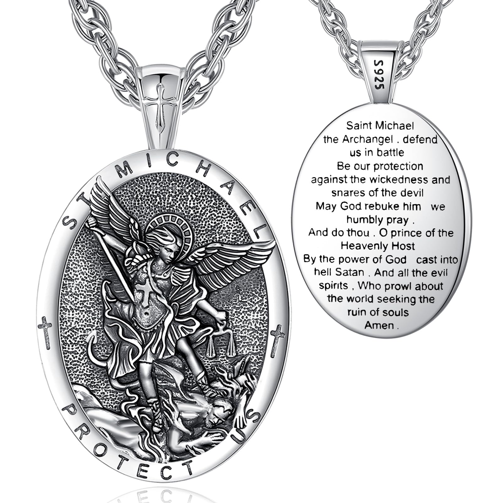EUDORA 925 Sterling Silver St Benedict/St Michael/St Christopher/Archangel Raphael Gabriel Metatron/Virgin Mary/St Joseph/St Anthony Crucifix Pendant Bible Verse Prayer Necklace Jewelry for Men Women