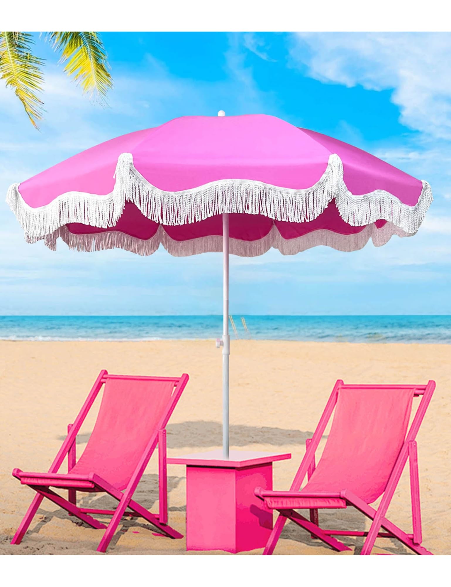 Ombrellone da spiaggia portatile Boho da 1,8 m, antivento, rosa, inclinabile, parasole da patio con 8 stecche e palo in ferro, leggero per esterni, piante