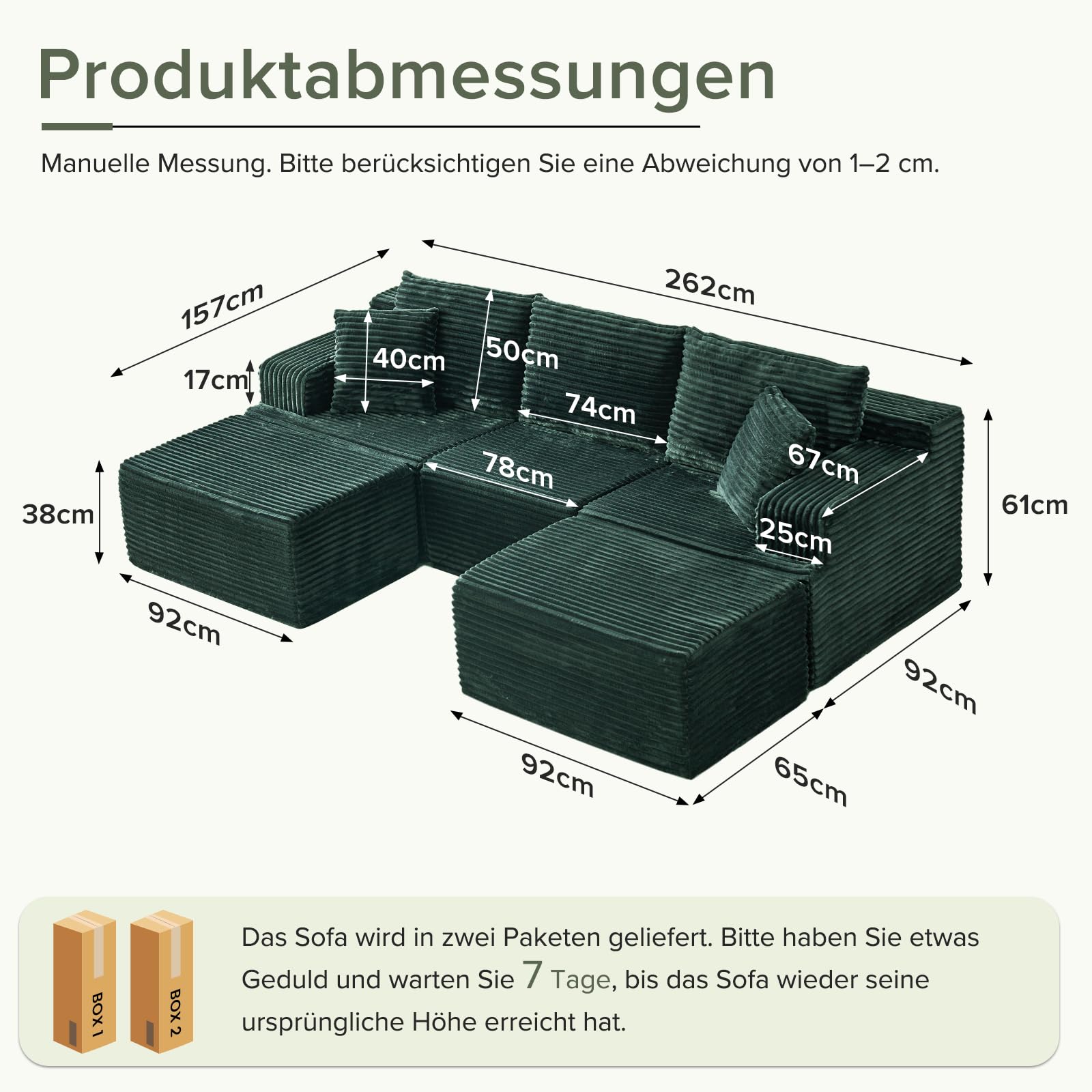 Modulares U-Form Sofa 262cm - Cloud Couch ohne Montage - Boneless Schlafsofa mit High Resilience Schaumstoff - Modernes Ecksofa für Wohnzimmer und Gästezimmer, Grün