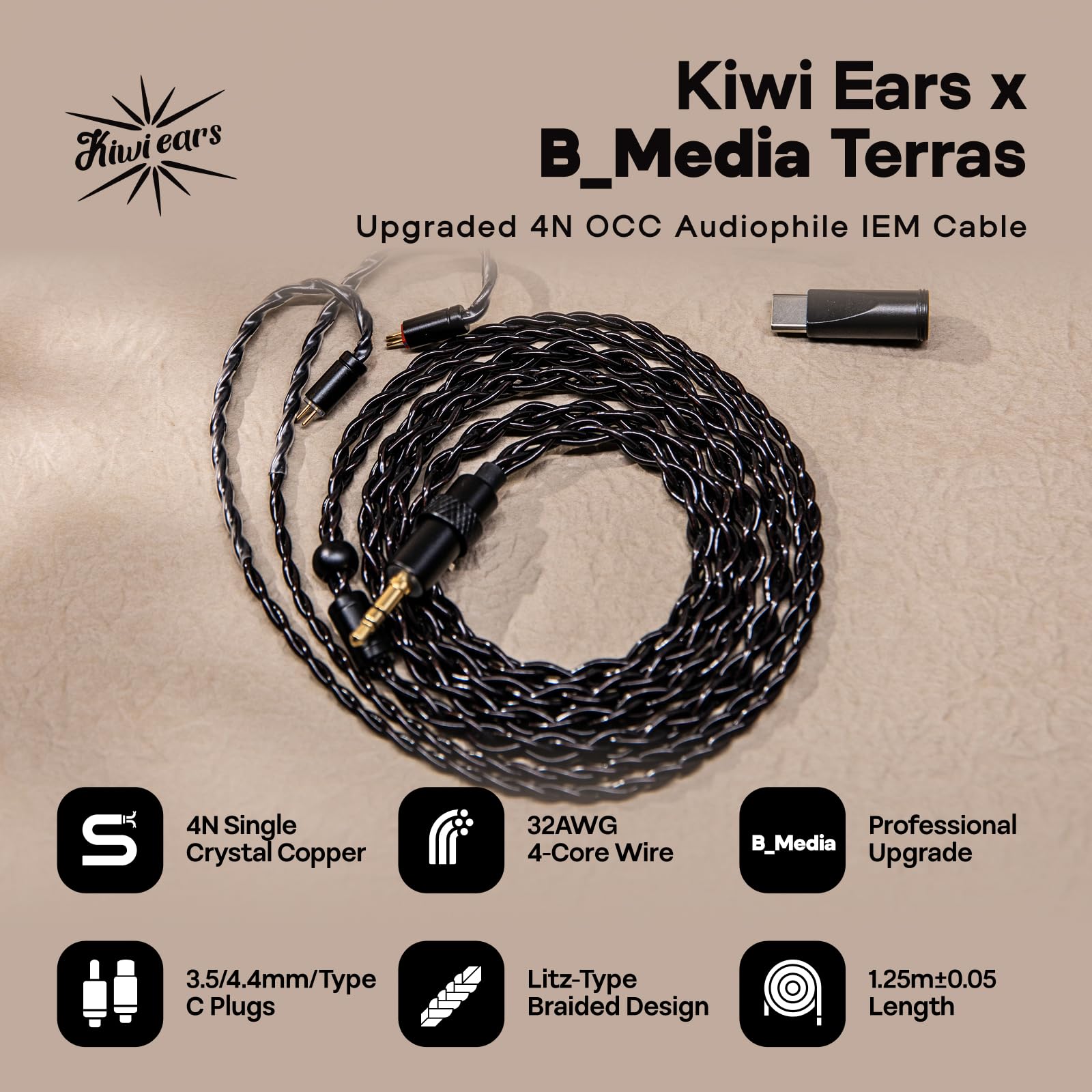 Linsoul Kiwi Ears x B_Media Terras Câble IEM 1,25 m, avec Type-C USB C/3,5 mm/4,4 mm, Câble de Moniteur Intra-auriculaire 4N en Cuivre Monocristallin Mise à Niveau HiFi pour Astral Orchestra II Arete