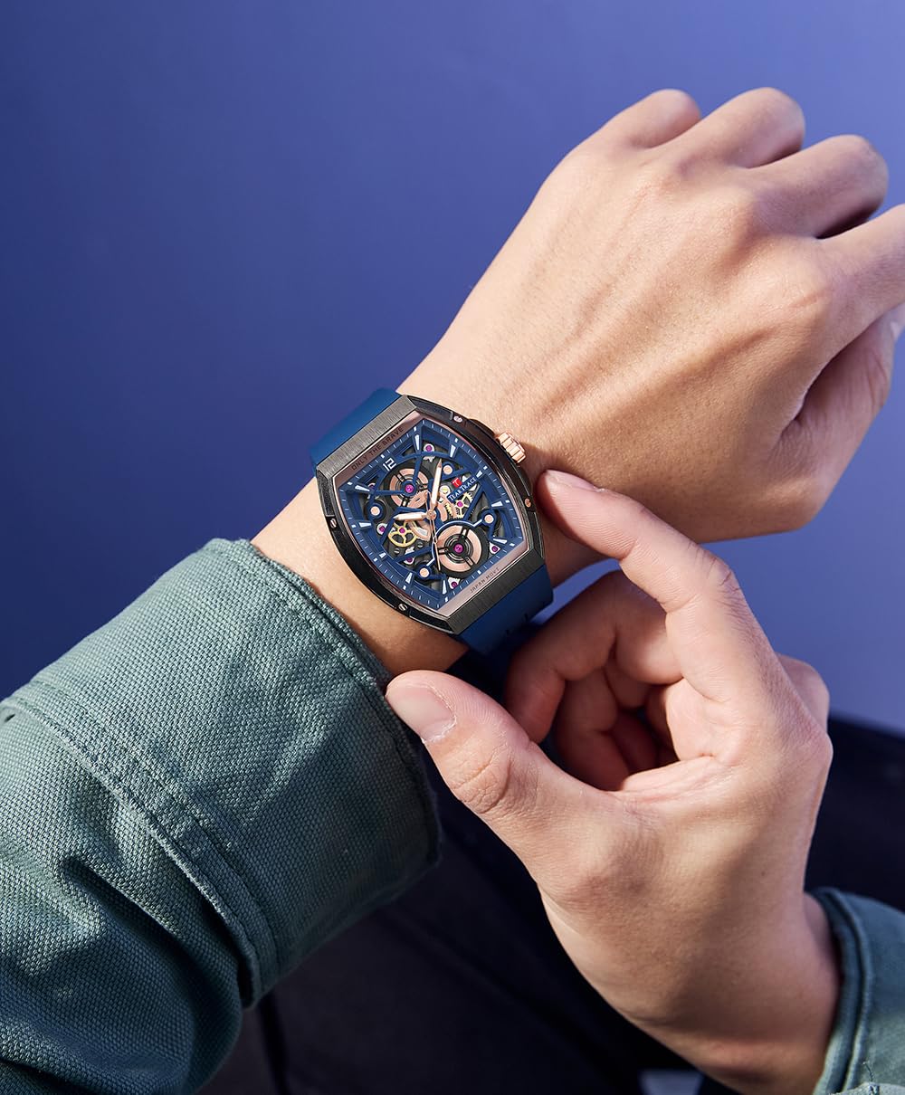 TEARTRACE Herrenuhren mit Silikonarmband Analog Tonneau Japanische Quarzuhren für Männer Wasserdicht Big Face Sport Arbeit Schwarz/Blau/Braun Armbanduhr, Blau