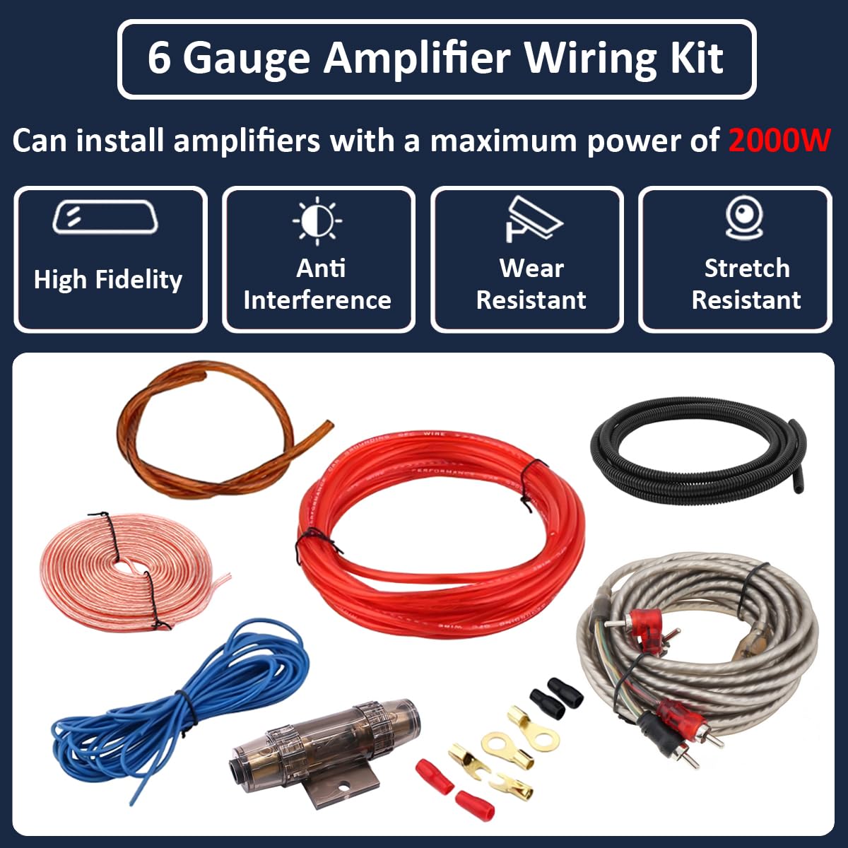6GA Kit Cavi Amplificatore per Auto 6AWG Set di Cavo per Amplificatori 2000W Cablaggio Completo Ampli Installazione Audio Subwoofer Stereo Connettore RCA Altoparlanti