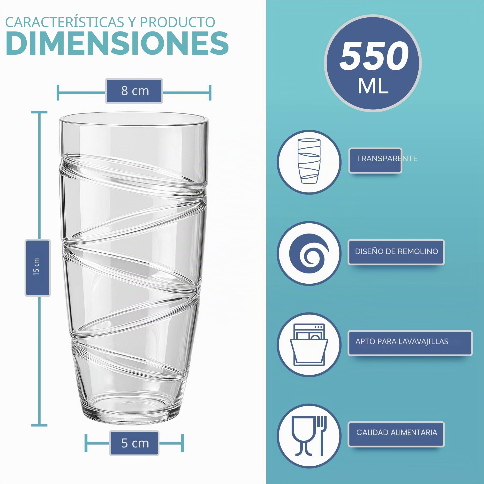 HEFTMAN Juego de 12 vasos de plástico acrílico de 550 ml con diseño en espiral, apilables, reutilizables, para jardín, picnic, camping, barbacoas, fiestas o uso diario (transparentes)