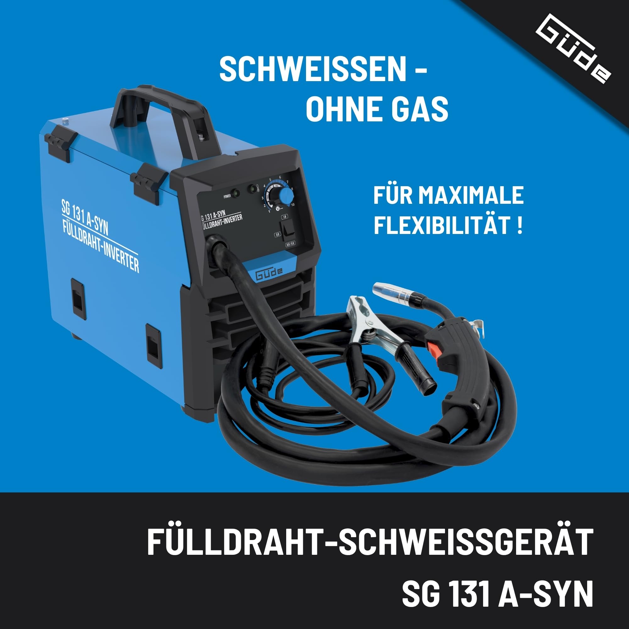 Güde Spawarka do drutu napełniającego SG 131 A-SYN (230 V, technologia inwerterowa, do drutu 9 mm, maks. natężenie prądu 120 A, w zestawie osłona spawalnicza, pakiet węży, drut wypełniający, młotek
